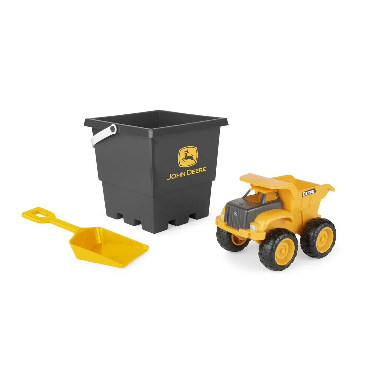 John Deere Sandbox Lot de 3 jouets pour camion à benne basculante, cuve et pelle, jouets d'extérieur et jouets de construction pour petits enfants Jaune