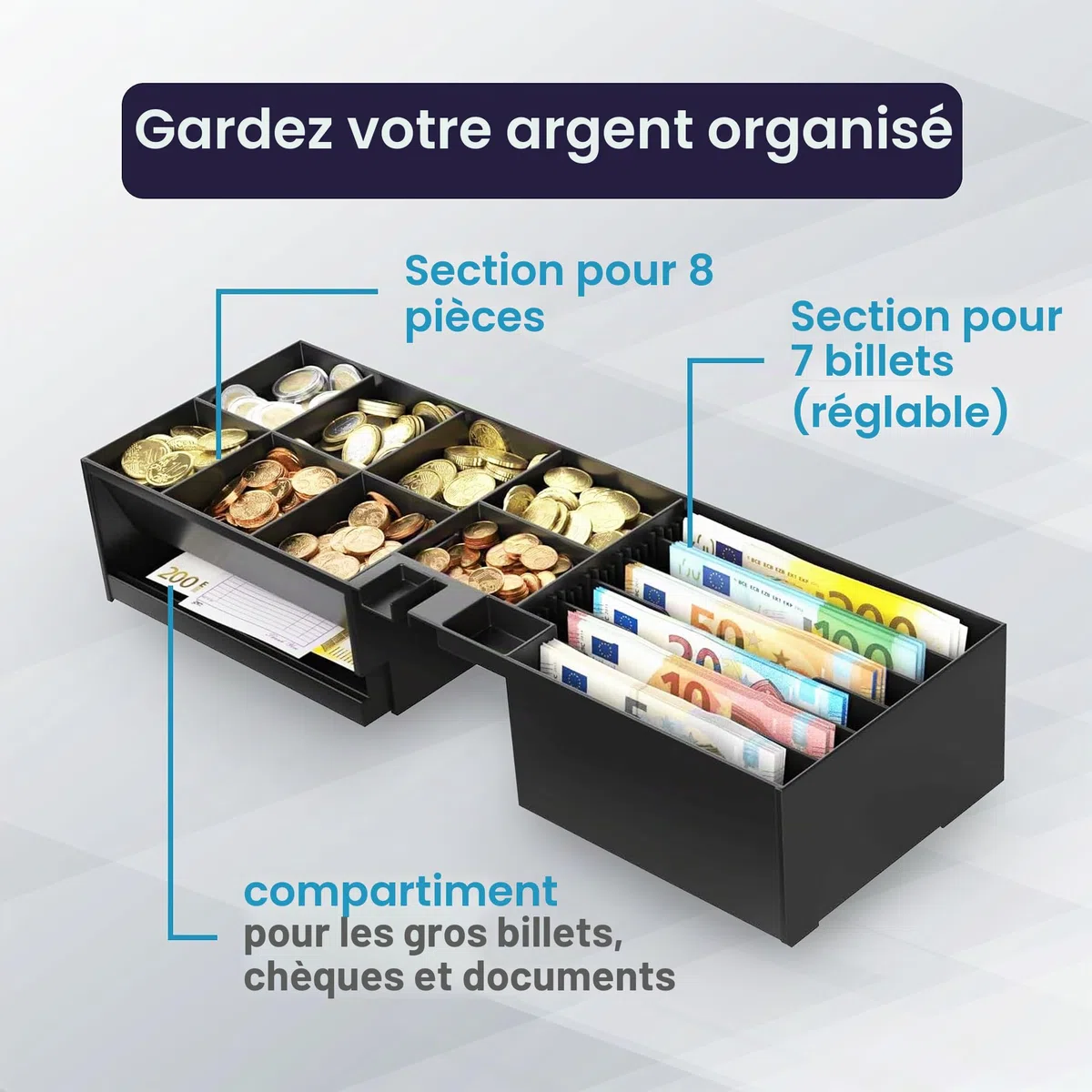 Intérieur avec couvercle et serrure pour tiroir en espèces Flip-Top ouverture verticale automatique pour imprimante POS et caisse enregistreuse, 5 billets - 8 pièces - Universel
