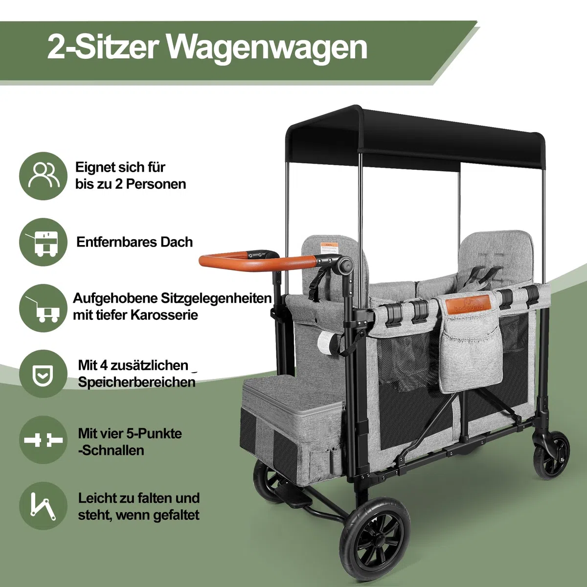 Chariot de poussette pliable pour 2 enfants, avec 2 sièges hauts avec harnais à 5 points et auvent réglable, parfait pour le jardin, le camping, le chariot d'épicerie