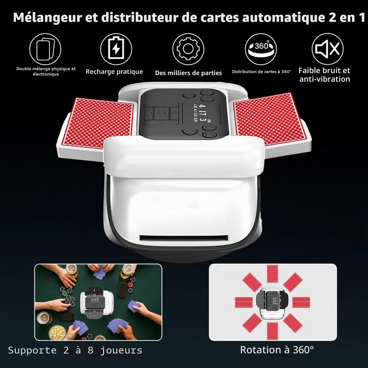 Mélangeur de cartes automatique, Machine à mélanger cartes électrique | électrique autonomie Distributeur de cartes à bas bruit, pour 1-8 joueurs, pour UNO, Poker, Skip BO, Blackjack, Texas Hold'e