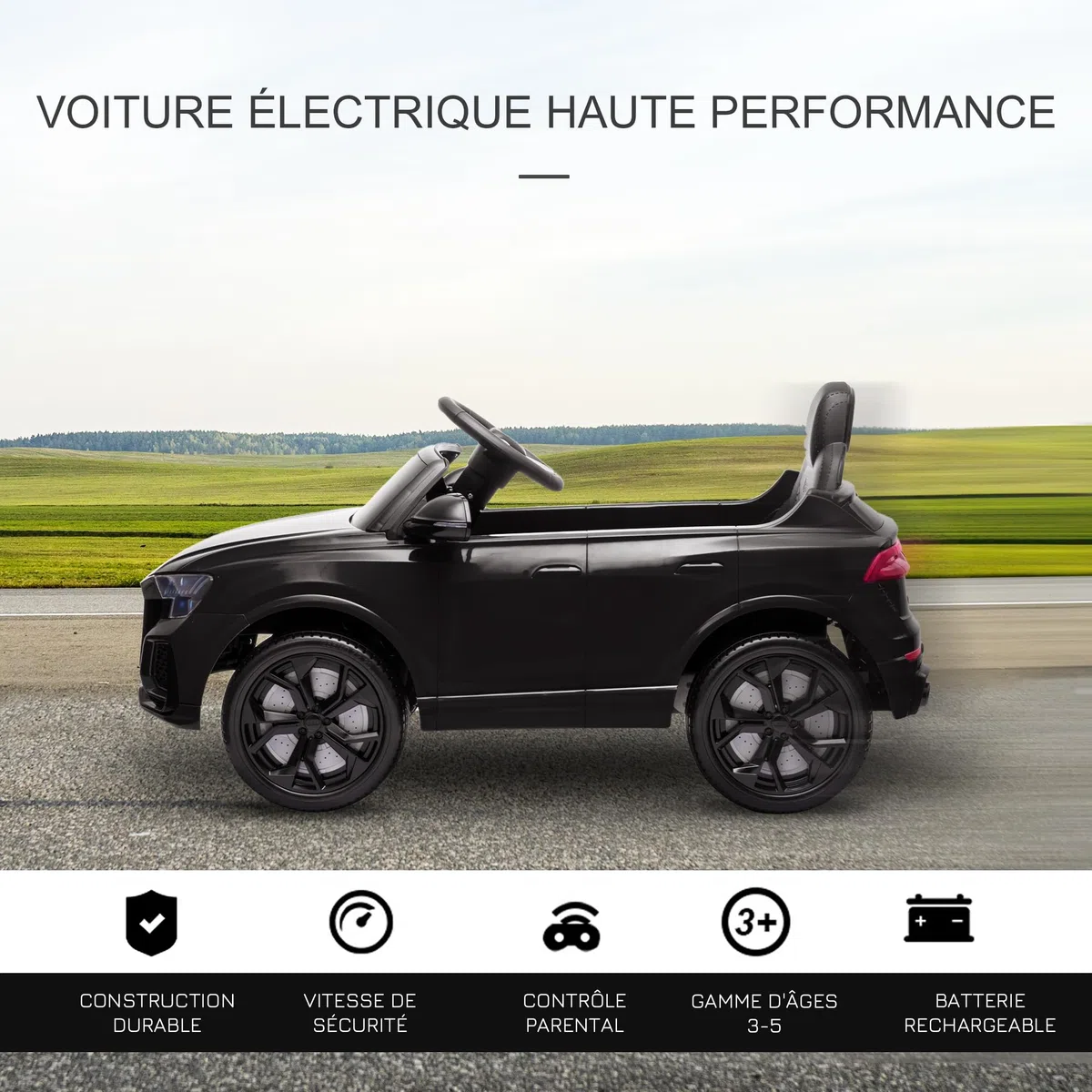 HOMCOM Voiture électrique Enfants sous Licence Audi RS Q8, Voiture à Batterie 6 V, véhicule électrique avec télécommande, USB, Musique, Bluetooth, pour Enfants de 3-5 Ans, Noir