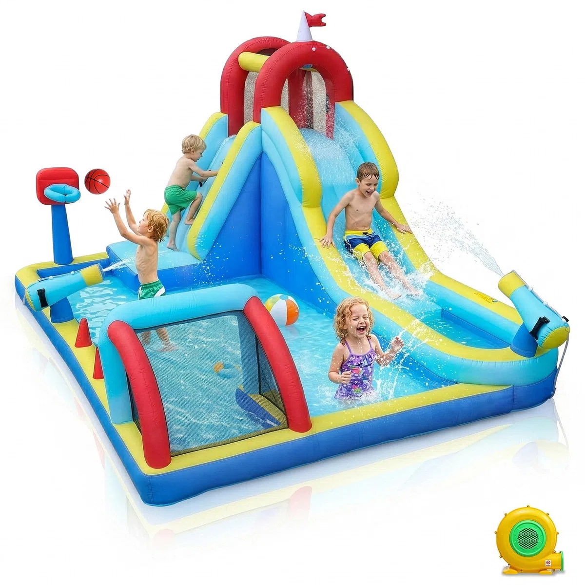 LEADZM Château Gonflable sur Le Thème du Sport avec Souffleur, Buts de Football, Paniers de Basket, Longue Barrière de Toboggan et Aire de Jeux d'ea, 400 * 305 * 225cm
