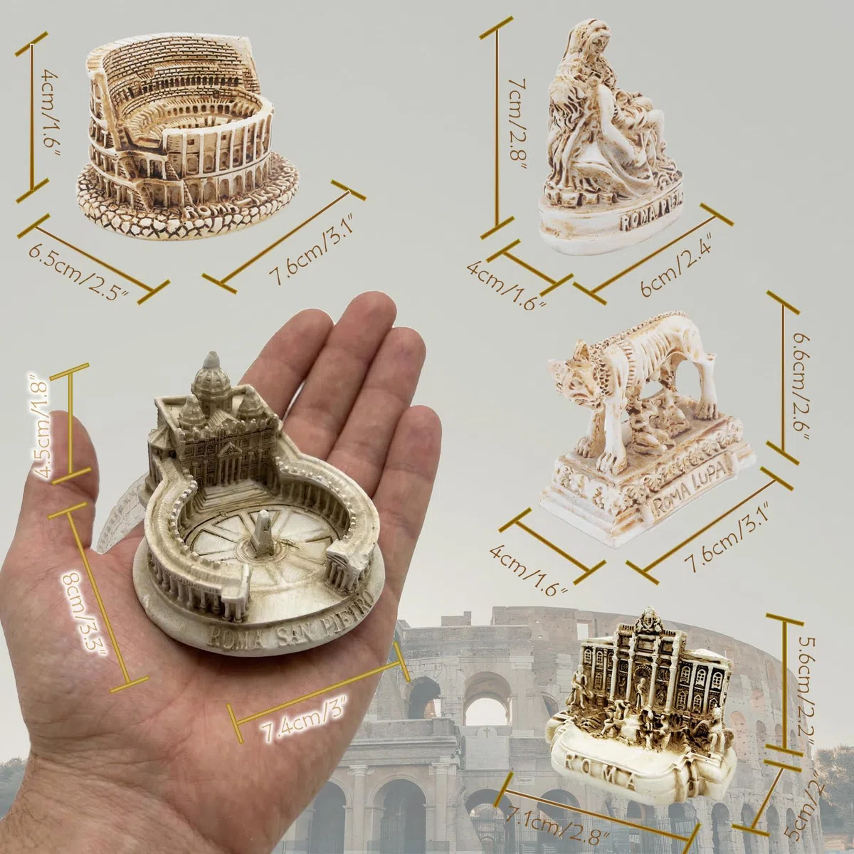 Lot de 5 petites statues italiennes décoratives de Rome - Petites statues - Colisée - Architecture du loup - Basilique Saint-Pierre - Fontaine de Trevi - Objets de collection romains - Cadeaux de