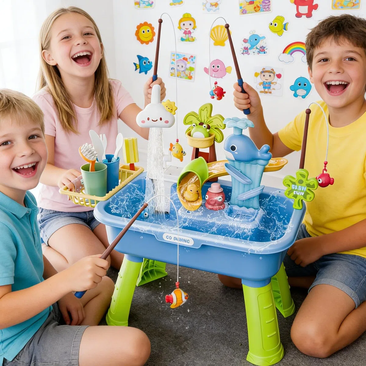 Générique Tables d'eau d'extérieur pour | Jeu de pêche - 4 en 1 évier Enfant avec Eau Courante et Pompe | pour de 4-8 Ans Cadeau Anniversaire été extérieur