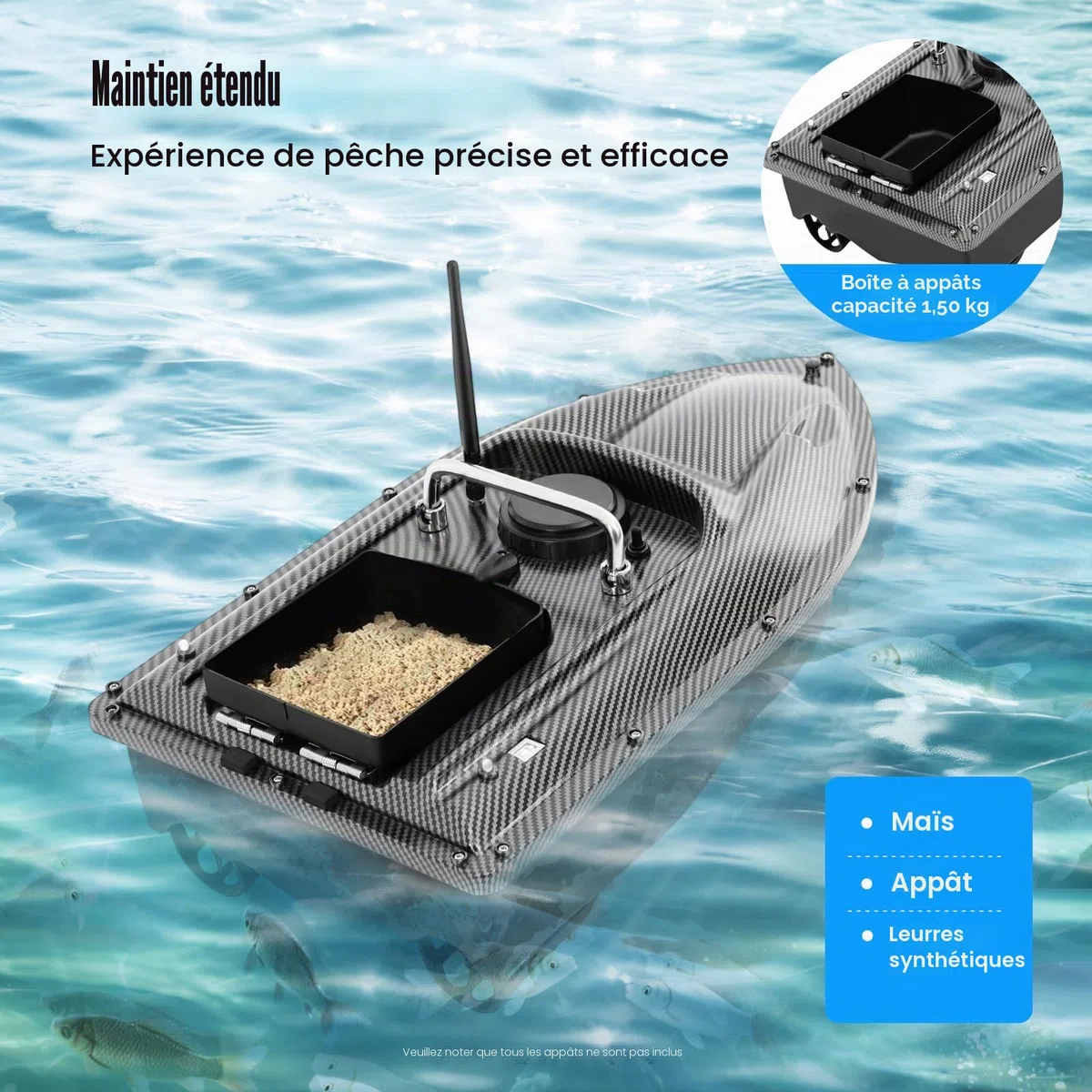 Bateau d'alimentation avec lumière LED, 500 m, bateau d'appât de pêche, contrôle de la croisière, poids de charge de 1,5 kg, bateau à nourriture avec bateau d'appât pour les amateurs de pêche