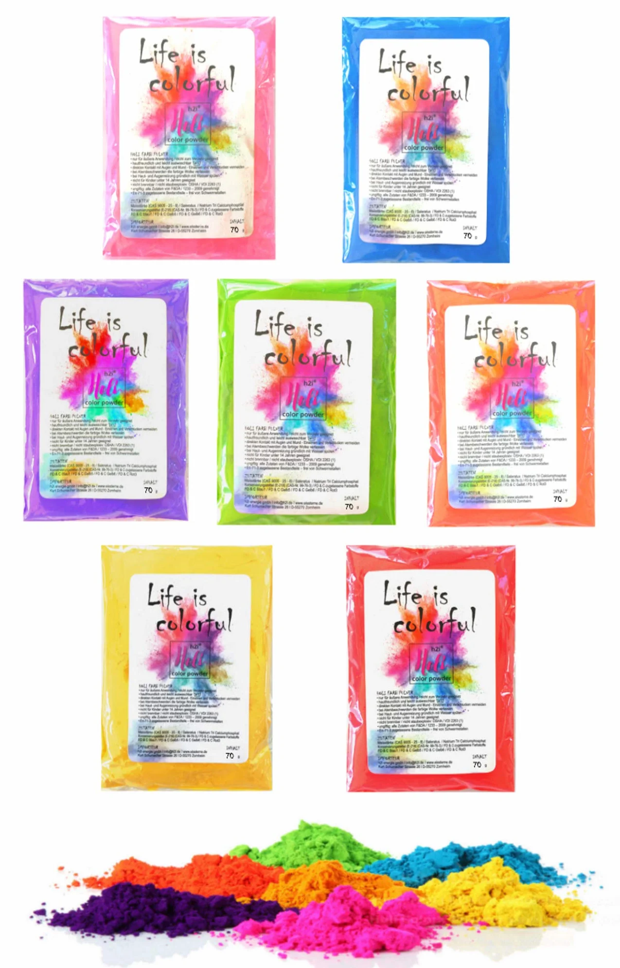 H2i Holi Powder Shooter Lot de 7 canons de poudre de couleur pour fête avec couleurs mélangées 60 g de poudre Holi