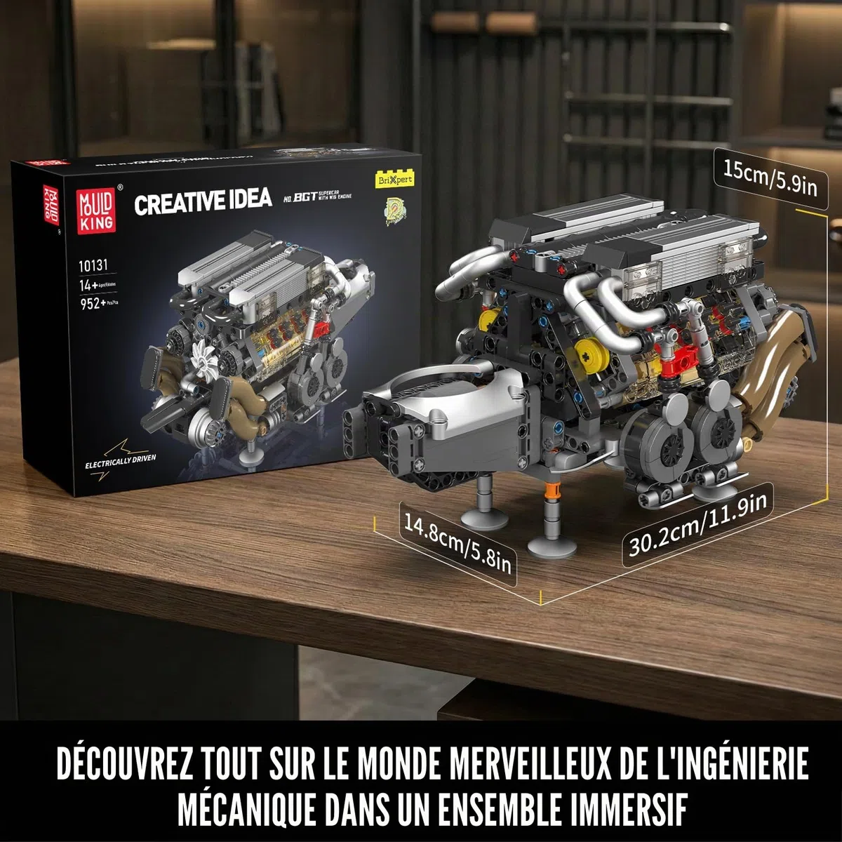Mould King 10131 Technique W16 Kit de construction de moteur, briques de serrage, modèle de moteur à combustion interne fonctionnel avec batterie, mini moteurs, jouet STEM pour adolescents (952 pièces