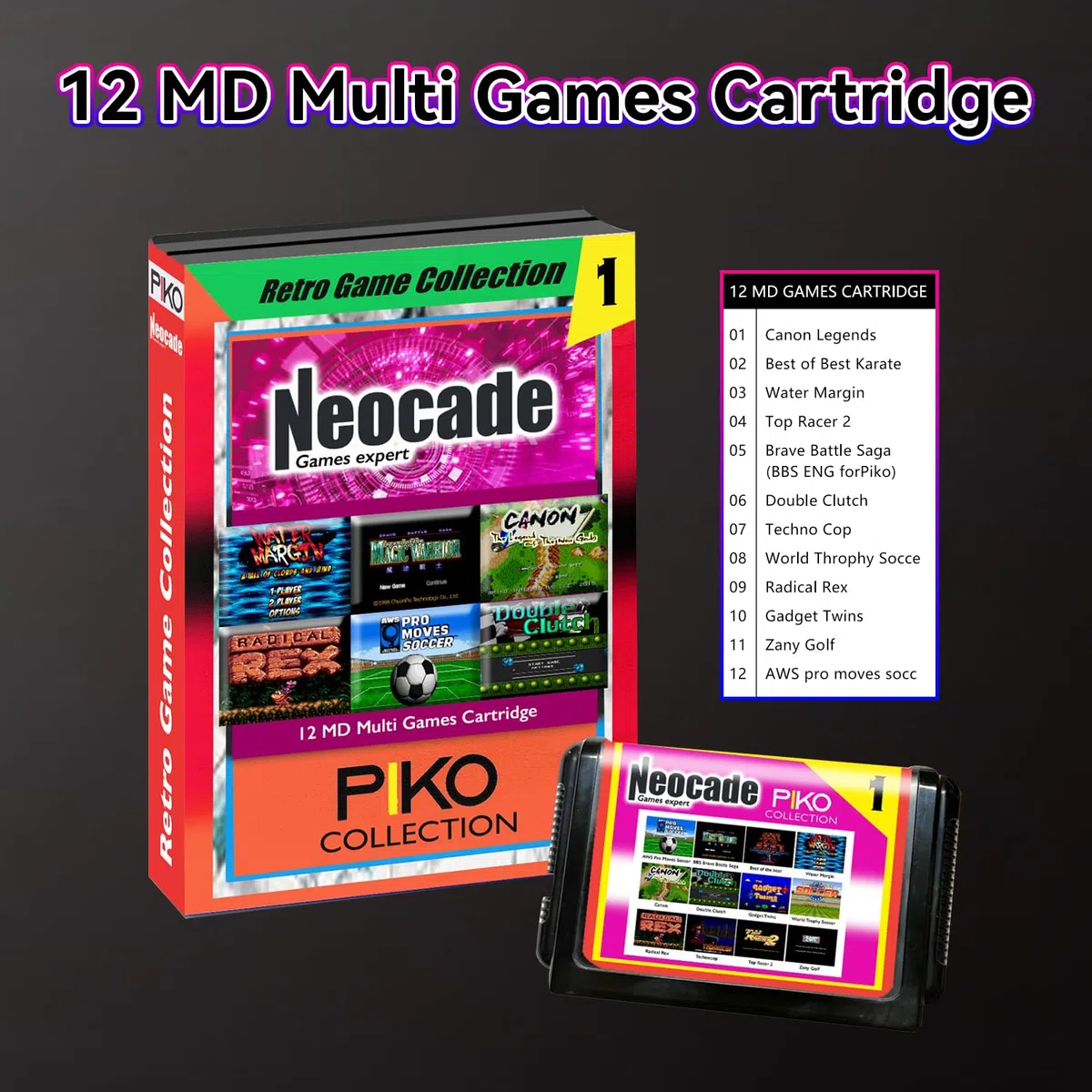 Console de Jeux pour Mega Drive, MD Retro Game Console, avec 12 Cartouches Mega Drive et manettes, 18 Jeux NES préinstallés