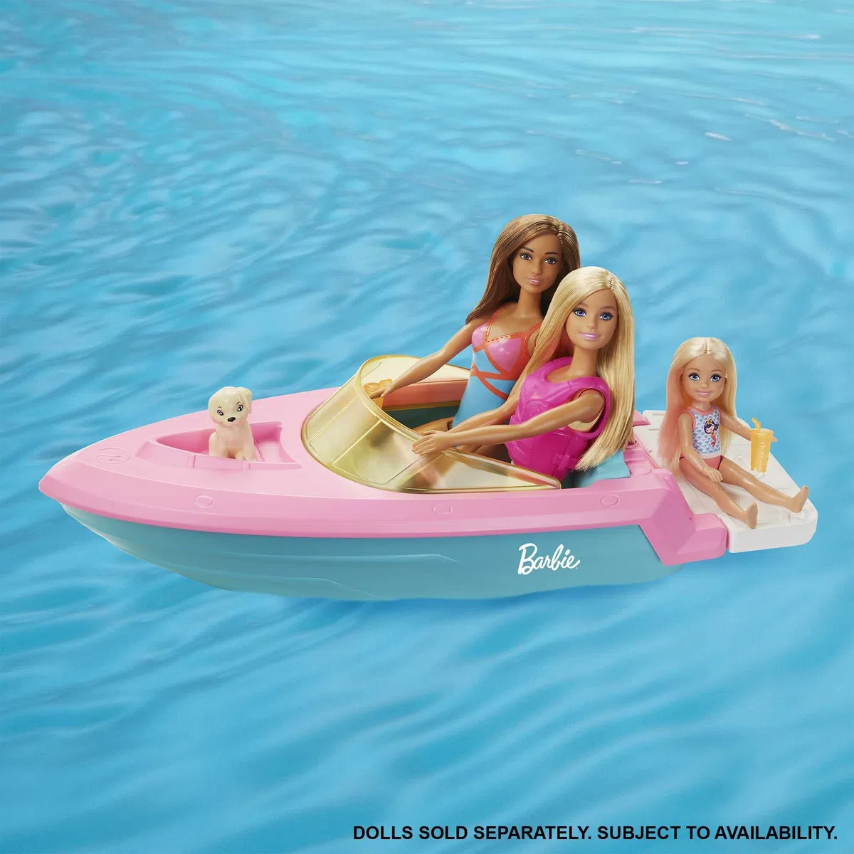 Barbie Mobilier Bateau pouvant Transporter 3 poupées avec Gilet de Sauvetage, Figurine Chiot et 2 Verres, Jouet pour Enfant, GRG29