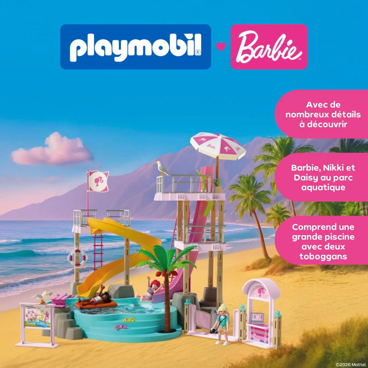 Playmobil, Barbie, Parc Aquatique, Aventures d’été avec Barbie, Nikki et Daisy, Grand Parc Aquatique remplissable avec de l’Eau réelle, Rêves d’été à Malibu pour Enfants à partir de 4 Ans, 72120
