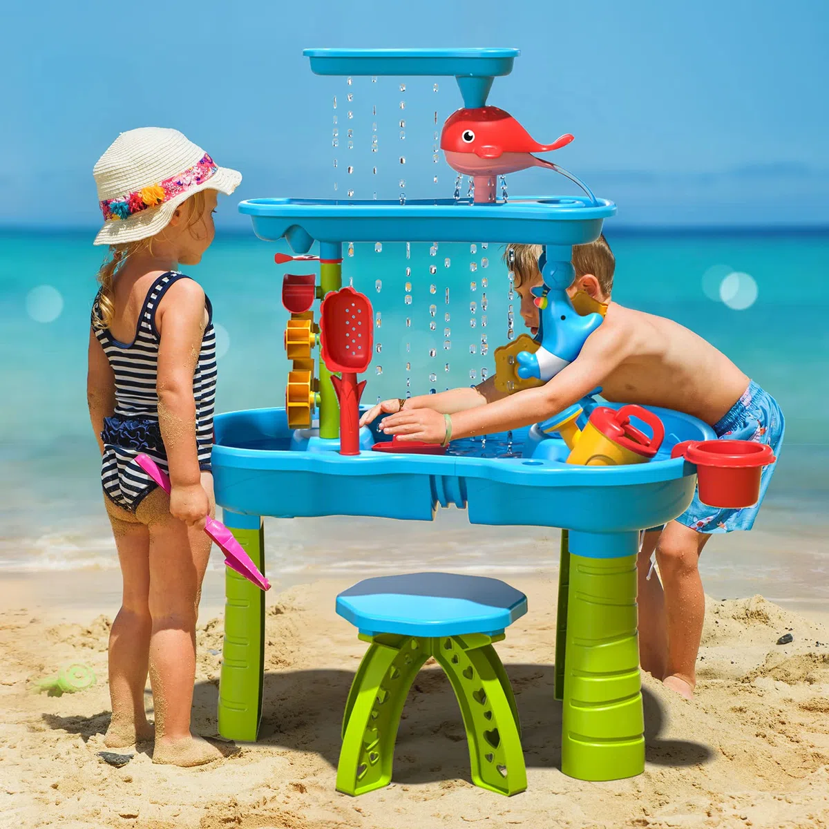 Doloowee Table à sable et à eau, table de jeu pour tout-petits avec de nombreux accessoires, jouets de jardin d'extérieur pour garçons et filles de 3, 4, 5, 6 ans