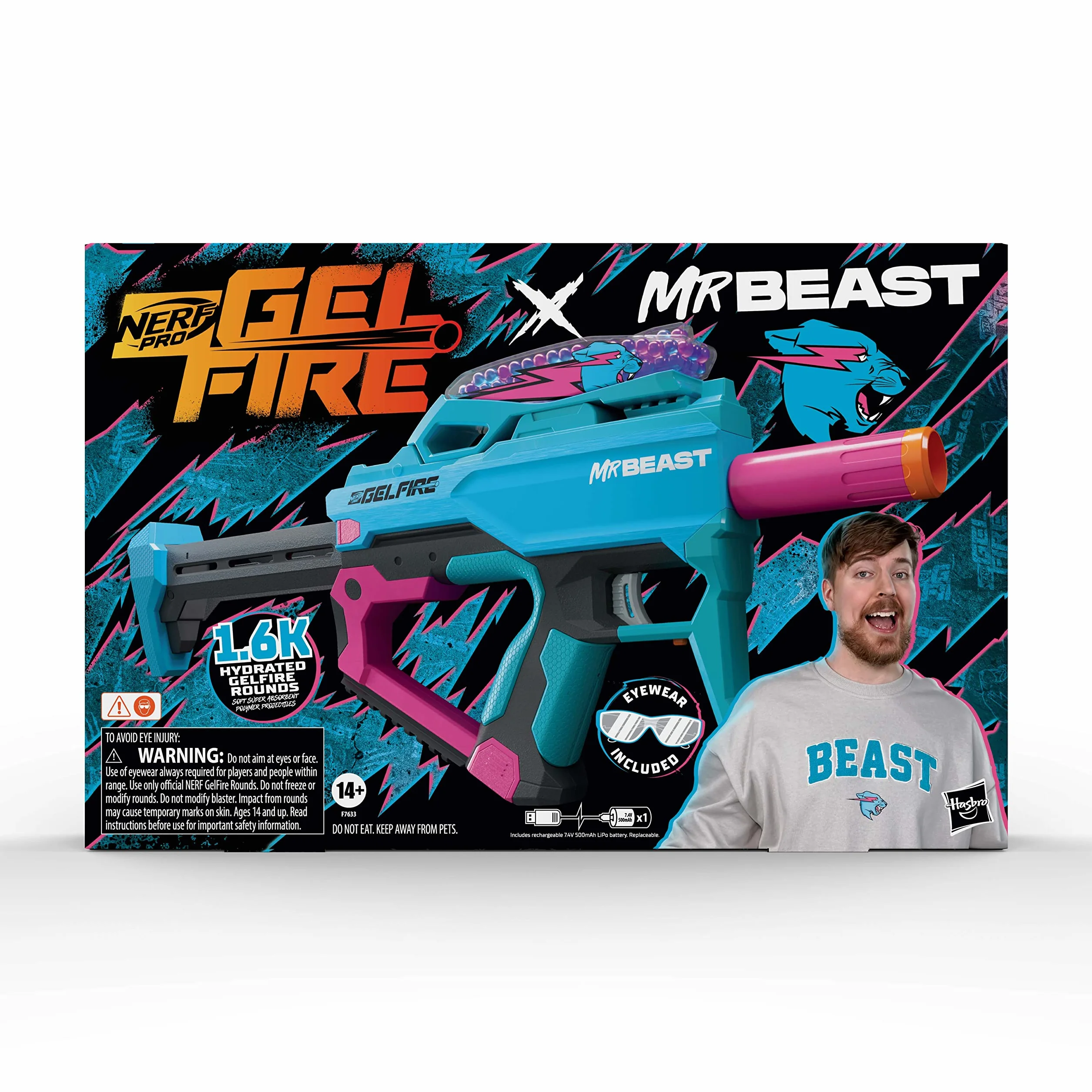 Nerf Pro Gelfire X MrBeast Blaster, 1600 Gelfire Rounds, 300 Round Hopper, Batterie Rechargeable, Lunettes