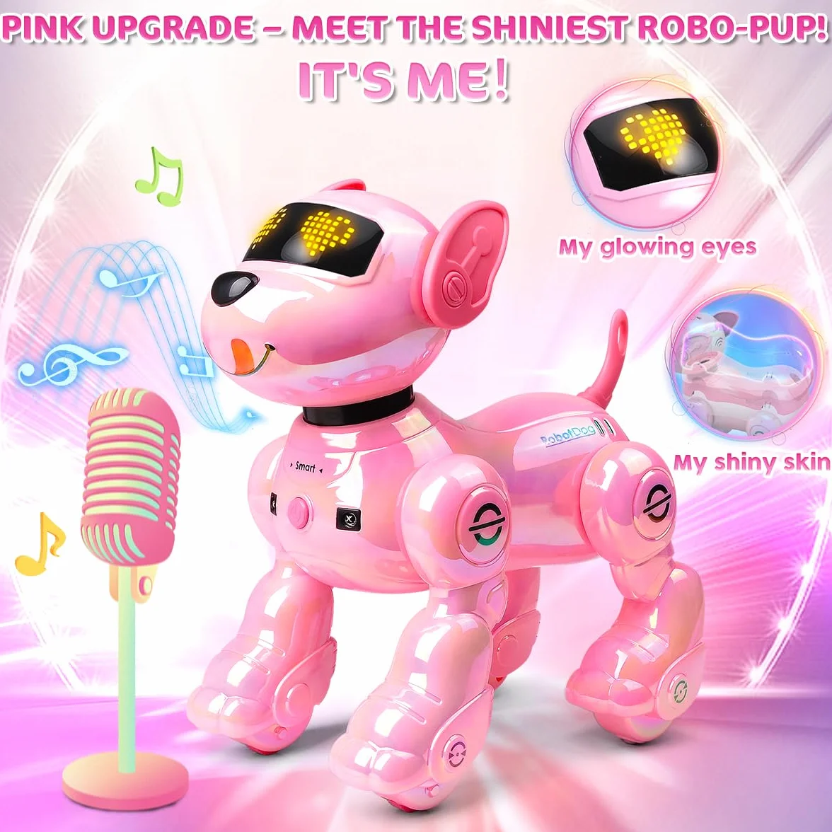 VATOS Chien Robot Rechargeable pour Enfants, Chien Robotisé Télécommandé, Programmable, 17 Fonctions Interactives et Volume Réglable, Jouet Robot Chiot Chantant et Dansant Cadeau pour Enfants, Rose