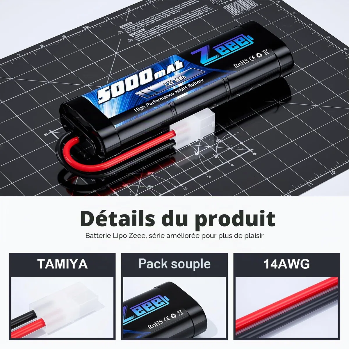 Zeee 7,2V 5000mAh RC NiMH Batterie avec Prise Tamiya pour Voiture RC Camion HPI Losi Kyosho Tamiya Hobby (2 Paquets)