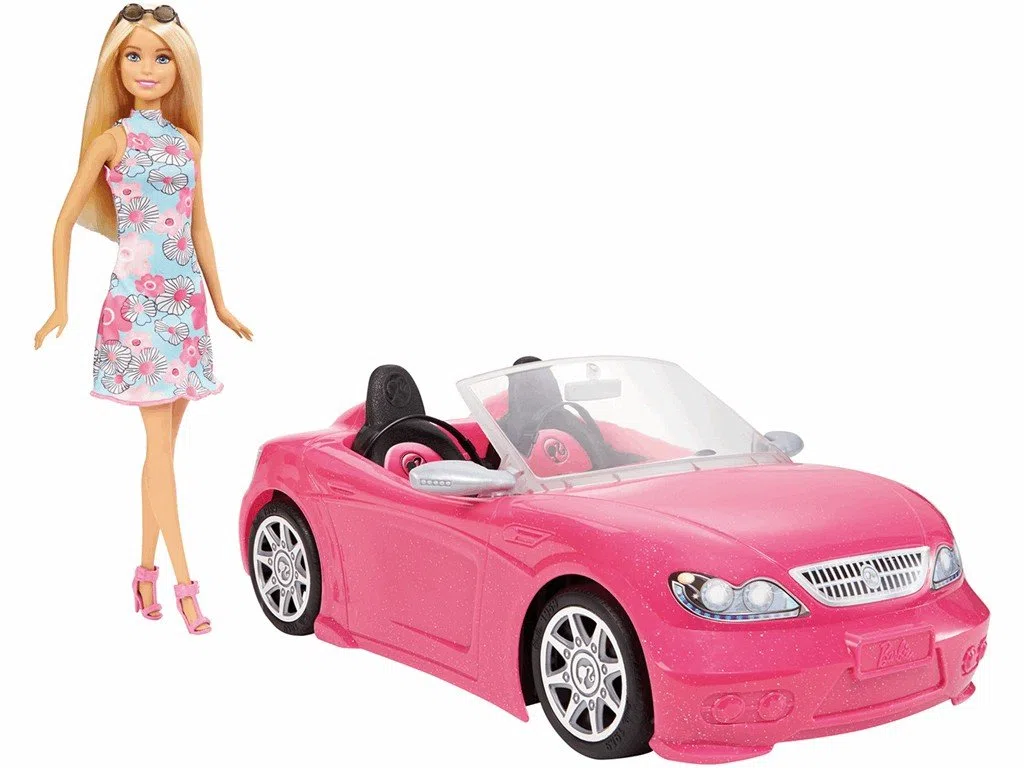 Barbie Voiture Cabriolet Rose, décapotable avec Deux sièges Noirs, Ceintures et rétroviseurs argentés, poupée Incluse, Jouet pour Enfant, FPR57