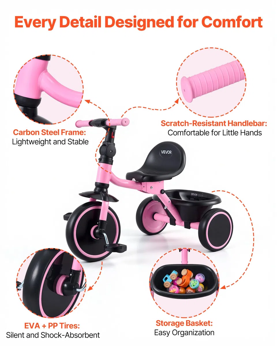 VEVOR Tricycle pour Enfant de 2 à 5 Ans, Tricycle Préscolaire Pliable avec Siège Réglable et Panier, Cadre en Acier au Carbone, Poignées de Guidon, Cadeau d'anniversaire pour Garçons et Filles
