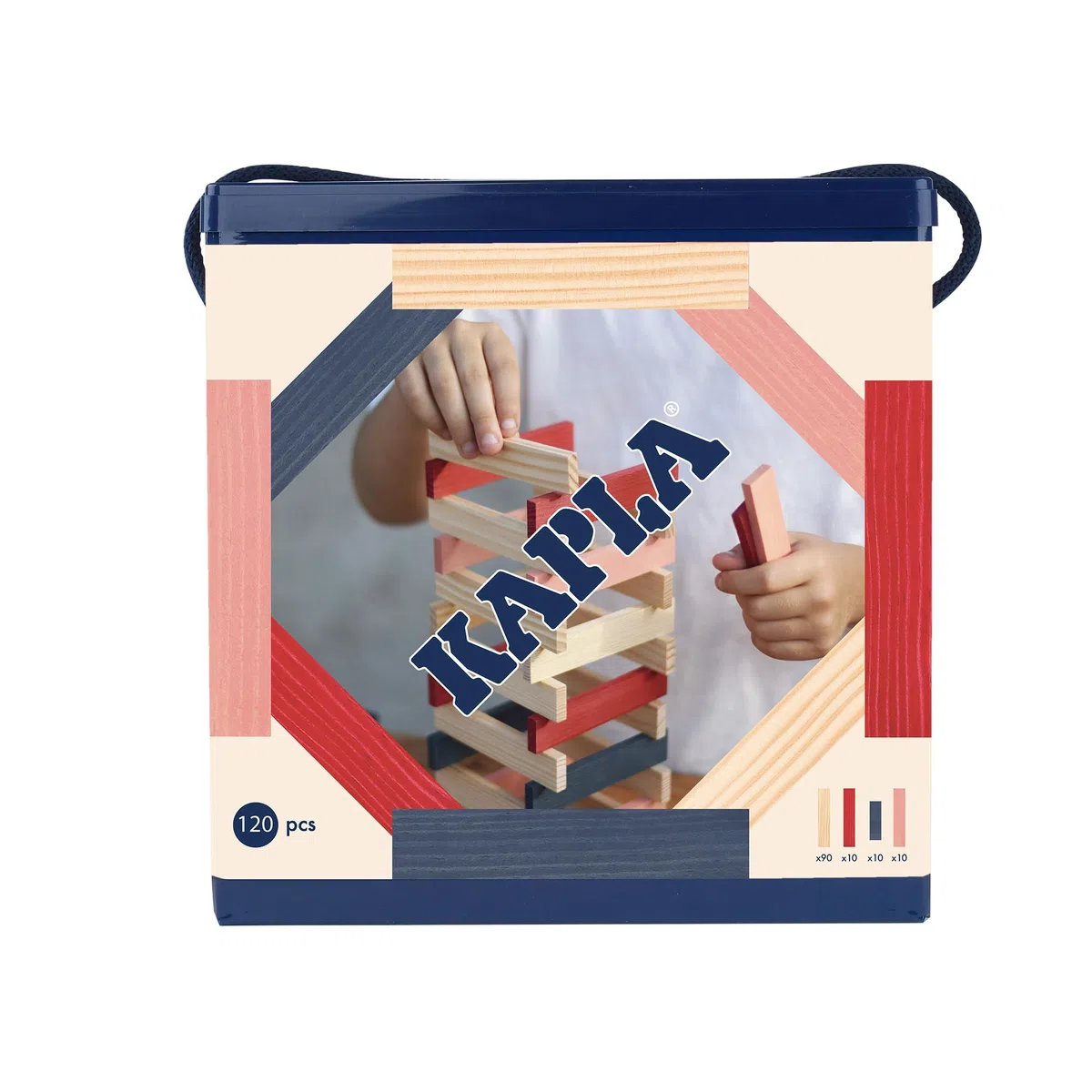 KAPLA - Jeu de Construction avec 120 planchettes en Bois colorés (Nature, Rouge, Rose, Bleu Foncé), Jouet en Bois, dès 2 Ans