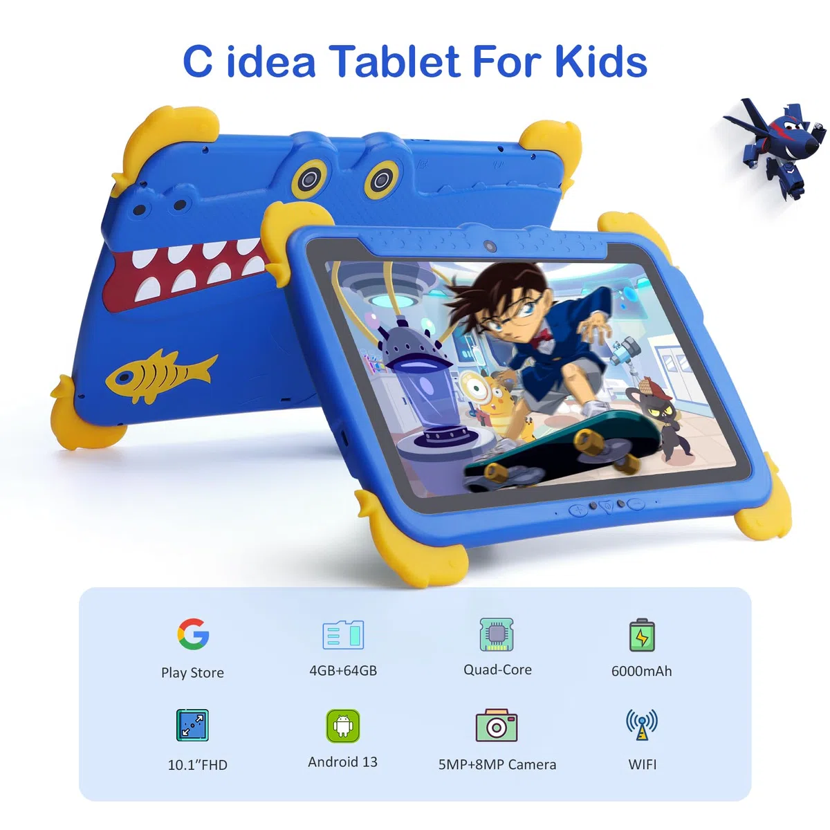 C idea Tablette pour Enfants de 3 à 7 Ans, écran Incell HD 10,1 Pouces, Android 13, Batterie 6000 mAh, Apprentissage, Tablette éducative pour Enfants de Moins de 12 Ans, Bleu