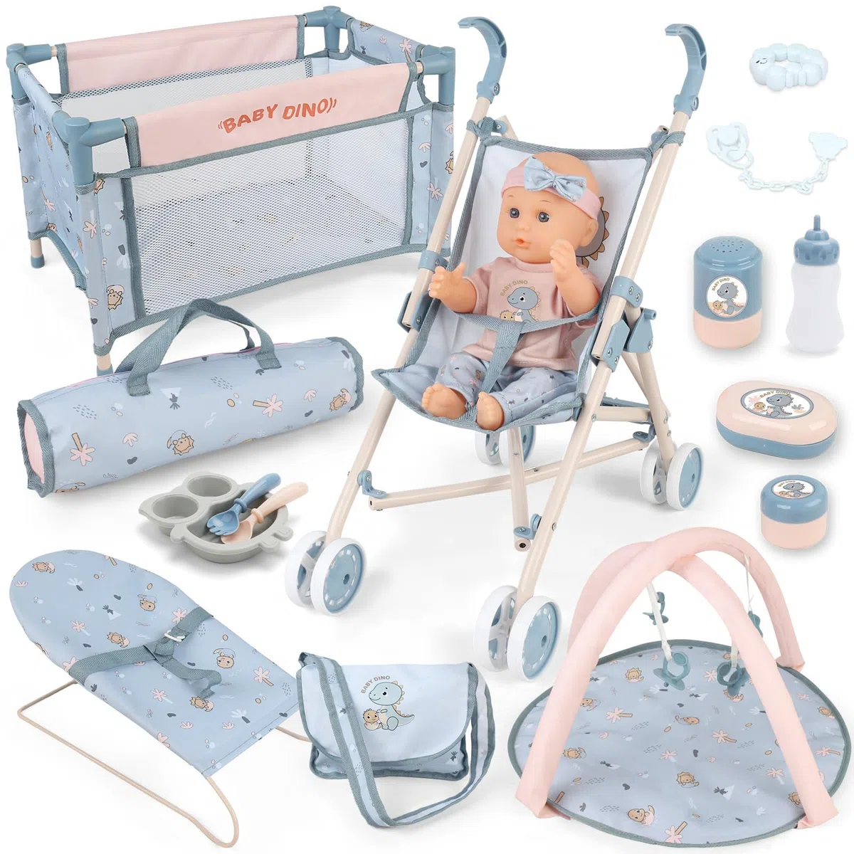 deAO Ensemble Poupée Bébé 30 cm avec Accessoires, Set de Jeu de Rôle 3 Ans+ | Poussette Pliable, Berceau, Lit Pépinière, Chaise Haute, Tapis de Jeu, Sac de Voyage, Plastique Sûr, Assemblage Facile