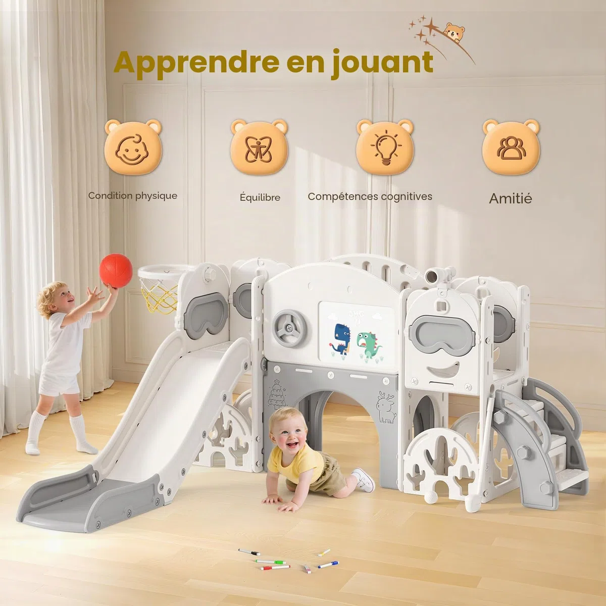 Toboggan 11 en 1 pour tout-petits, toboggan d'intérieur et d'extérieur avec panier de basket, golf, jumelles et espace de rangement, échafaudage sport autoportant pour enfants de 1 à 6 ans (toboggy