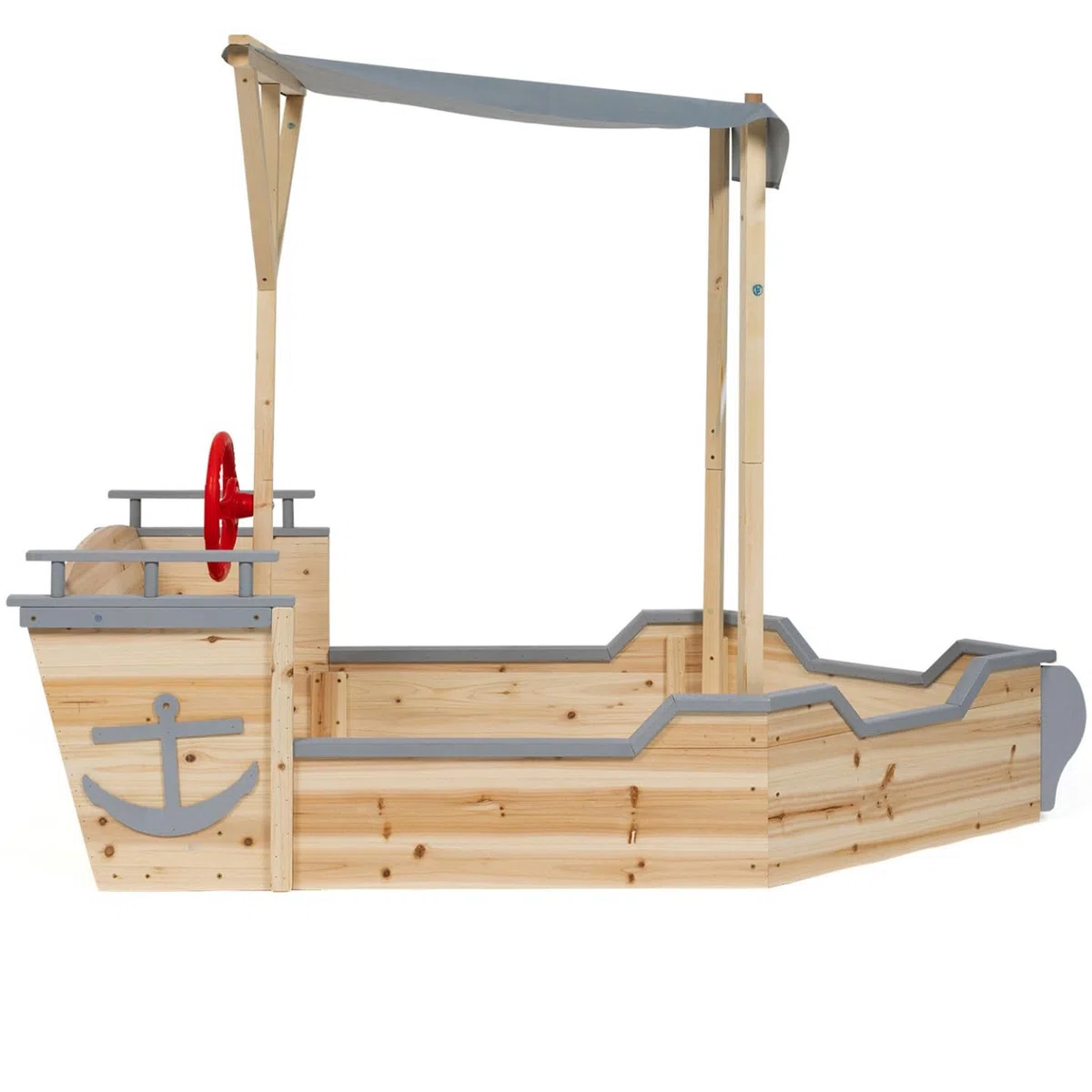 IDMarket - Bac à Sable World Bois Bateau de Pirate avec Banc Coffre et Toit Gris