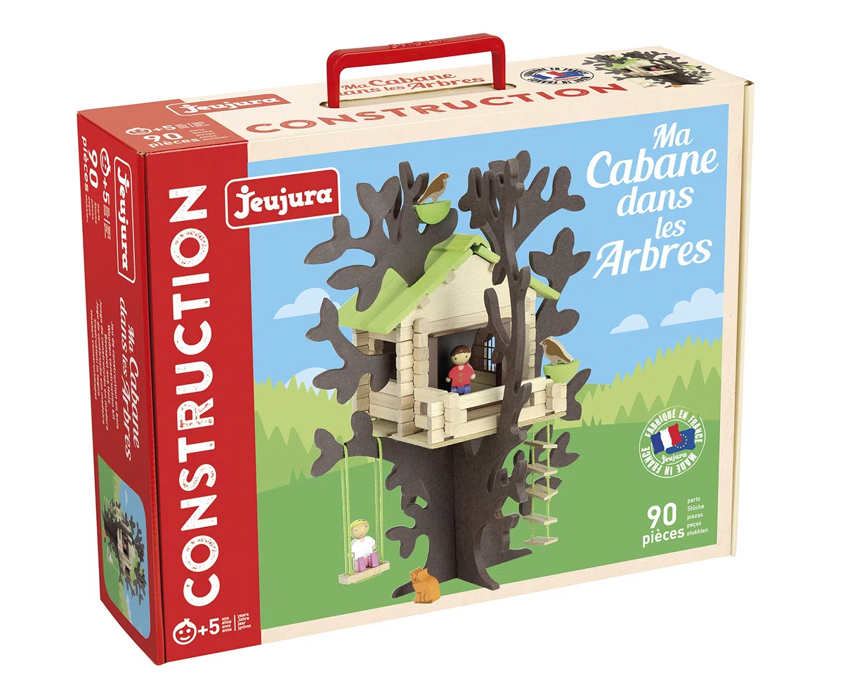 Jeujura - 8075- Jeux de Construction-Cabane Dans les Arbres, Norme | Personnages et animaux inclus - Valisette de rangement - Jeu en bois enfant - Imagination - Fabriqué en France