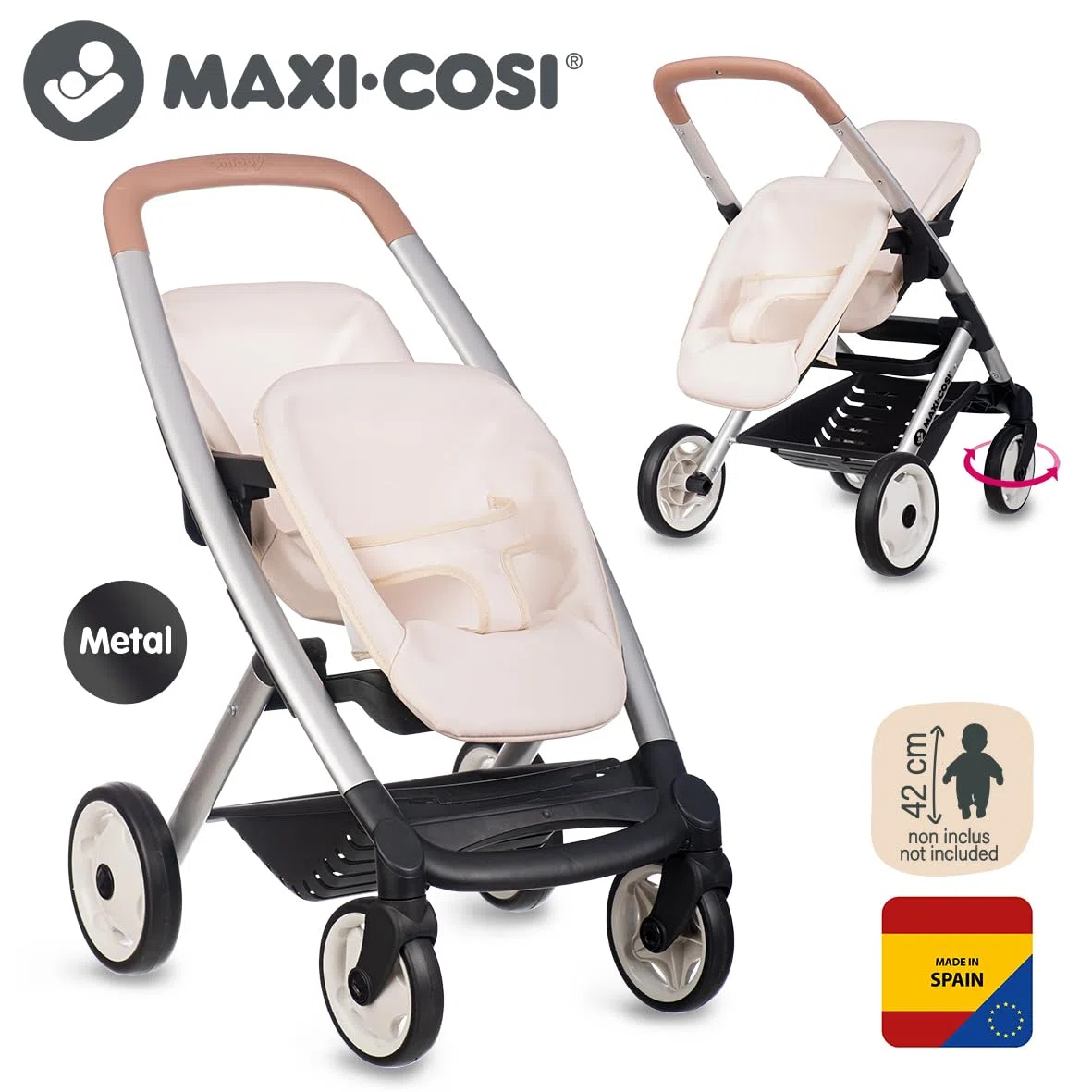 Smoby - Maxi-Cosi - Poussette Jumeaux Beige - Jouet d'Imitation - Balader 2 Poupons Jusqu'à 42 cms - Roues Silencieuses et Multidirectionnelles - A Partir de 3 Ans - Fabrication Espagnole