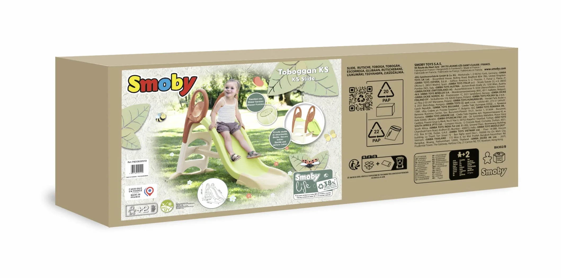 Smoby Life KS Toboggan avec Minimum 38% de Recyclage – Grand Toboggan avec raccord d'eau, 1,50 m de Long, avec Bec antidérapant, entretoise, pour Enfants à partir de 2 Ans