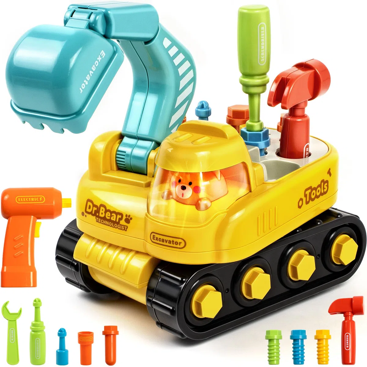 Marstone Jouet Enfant 2 Ans Garcon, Jouet Pelleteuse Électrique Montessori pour Enfants, avec Lumières et Musique, Jouet Éducatif à Visser 1 2 3Ans, Véhicule Chantier Interactif Garçons Filles