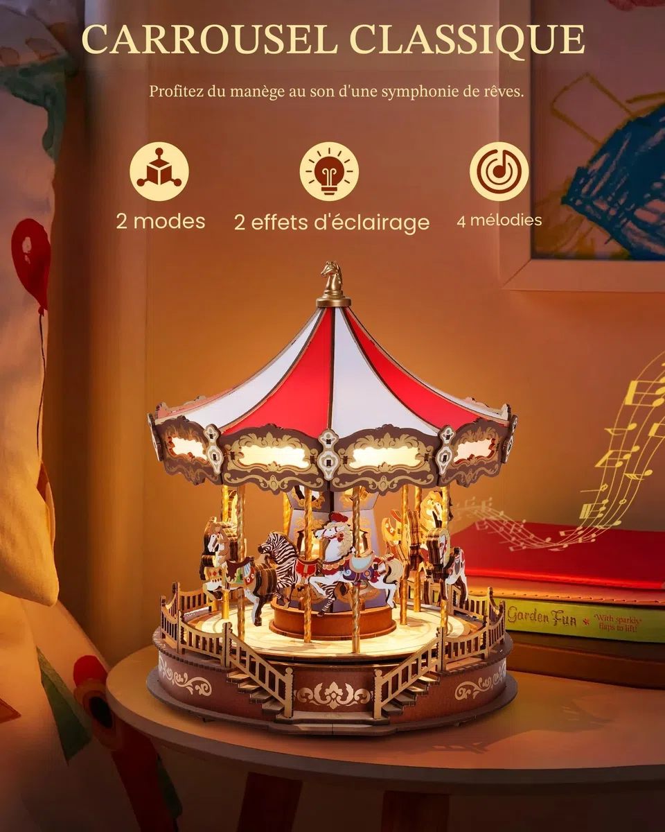ROBOTIME Boîte à Musique carrousel Classique Puzzle en Bois 3D avec lumières LED, Maquette en Bois a Construire Kits de modélisme pour Adultes à Construire