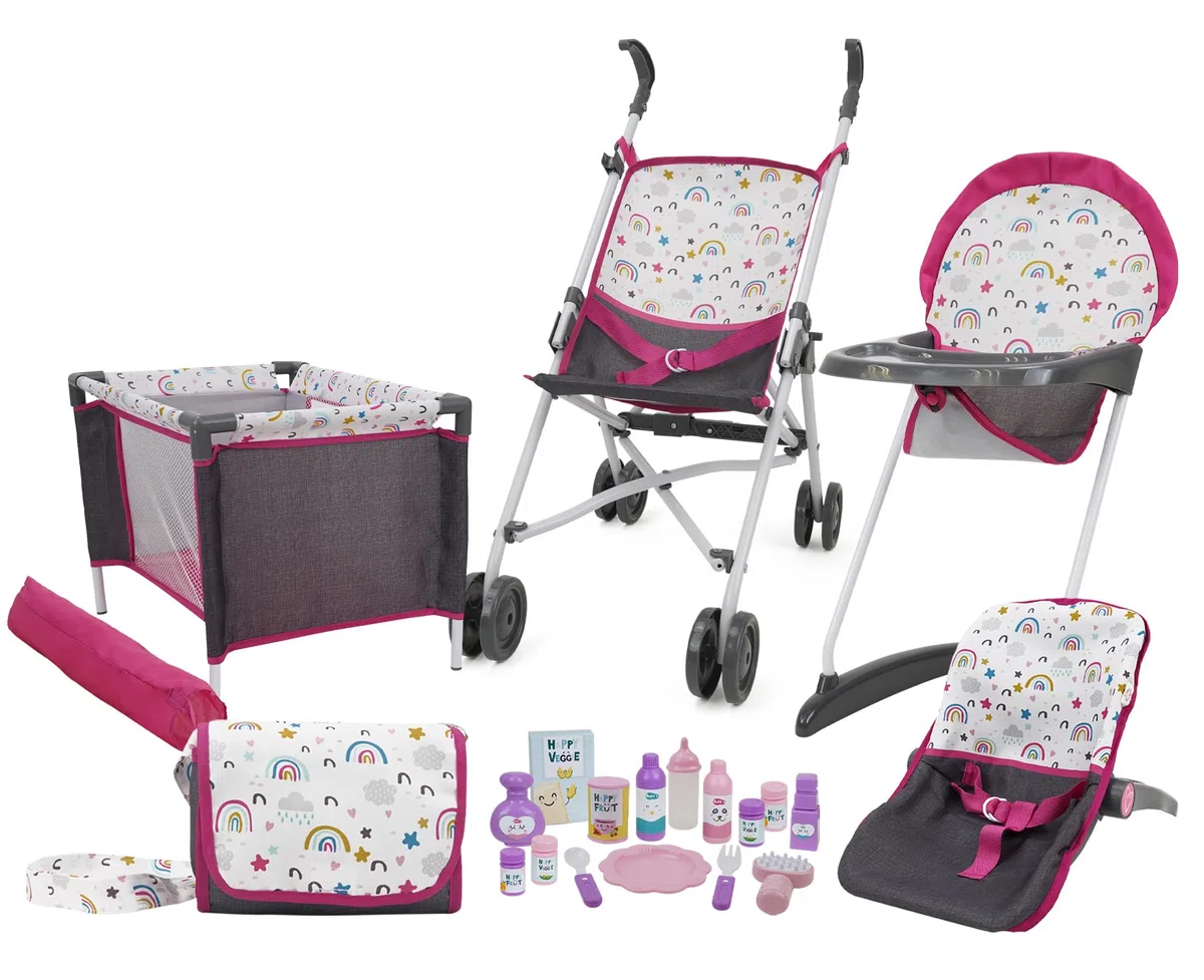509 Crew 21 Piece Doll Stroll n Play & Care Combo Set, Doll Stroller, Doll Playard, Doll High Chair Set, Carry Cot, Diaper Bag, Feeding and Grooming Accessories, Ages 3+