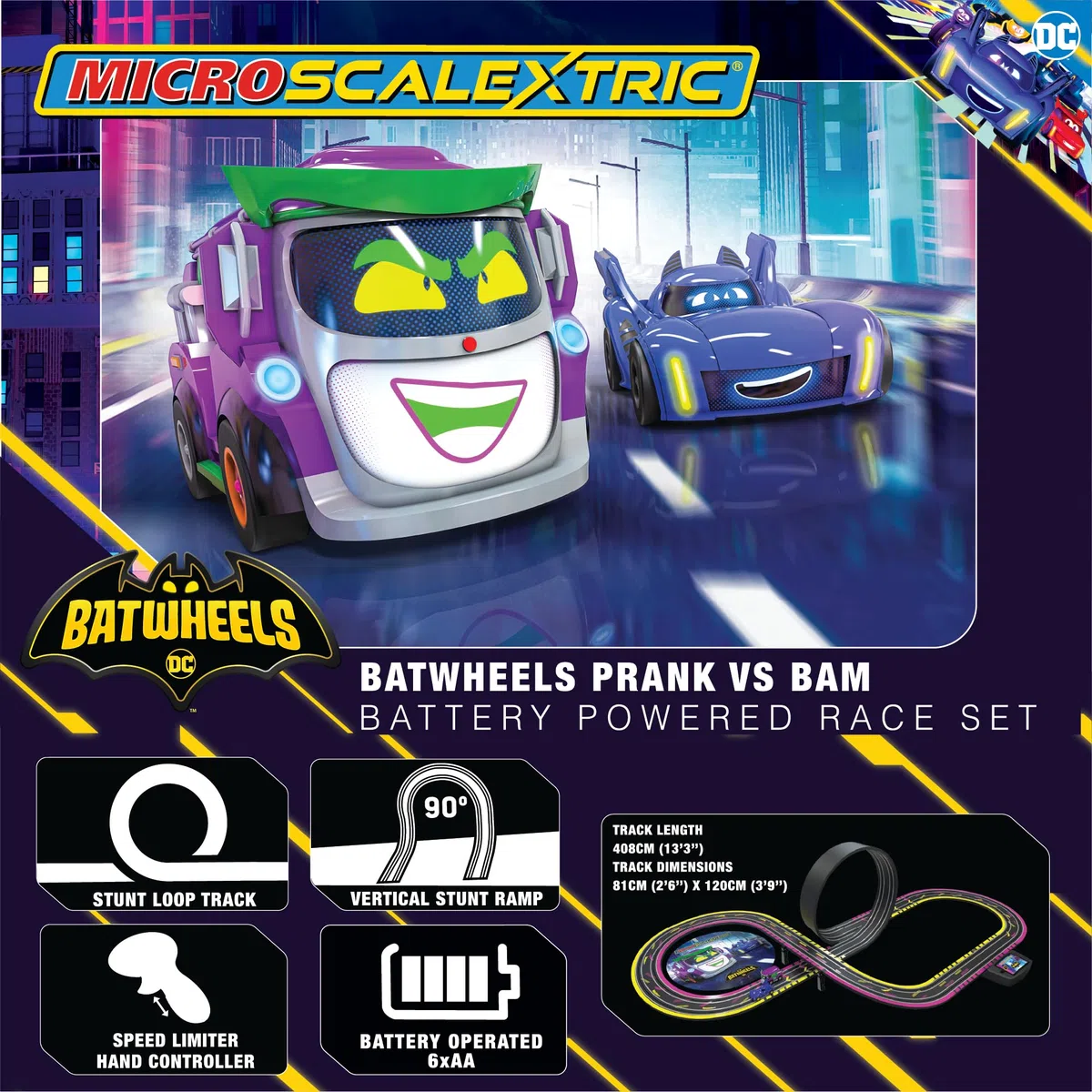 Scalextric Ensemble de piste de course micro-voiture Ensemble de construction Batwheels et Farces contre Bam Course alimentée par piles