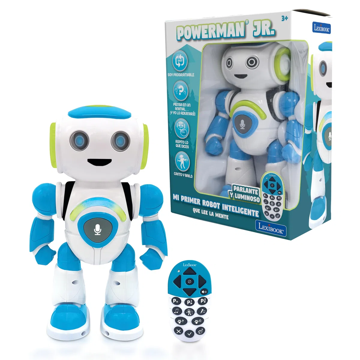 Lexibook,Robot Intelligent Powerman Junior éducatif et interactif,lit l'esprit, Danse,Joue de la Musique,répète Les Phrases,télécommande, Jouet à partir de 3Ans, version Espagnole Bleu/Blanc (ROB20ES)