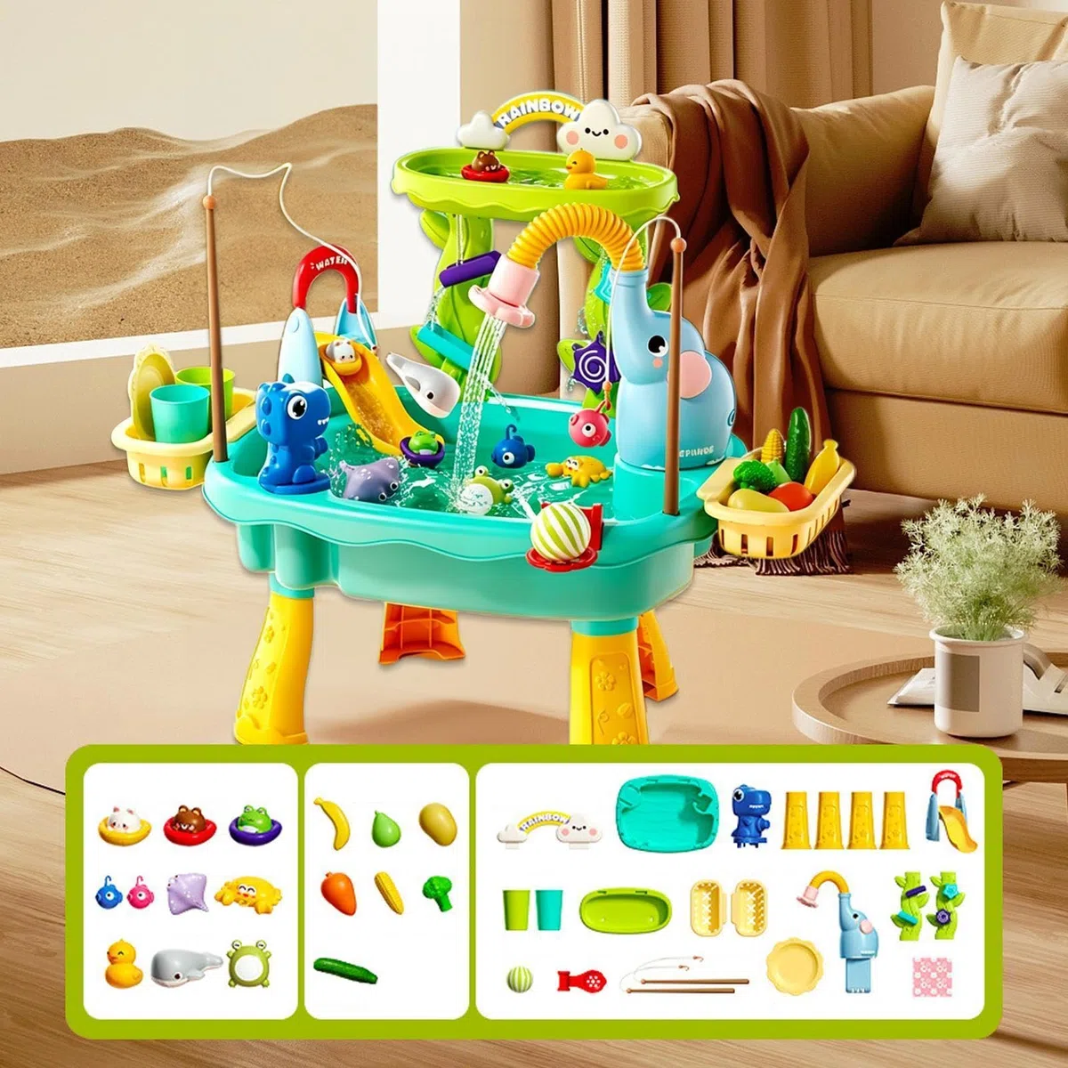 Table d'Eau Enfant Électrique avec Pompe, 4 en 1 Évier Jouet avec Eau Courante, Table d'Activité Sable et Eau avec Jeu de Pêche et Accessoires, Jouet Extérieur pour Fille Garçon 1-8 Ans, 60x43x48cm