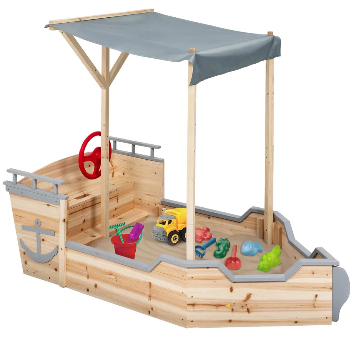 IDMarket - Bac à Sable World Bois Bateau de Pirate avec Banc Coffre et Toit Gris