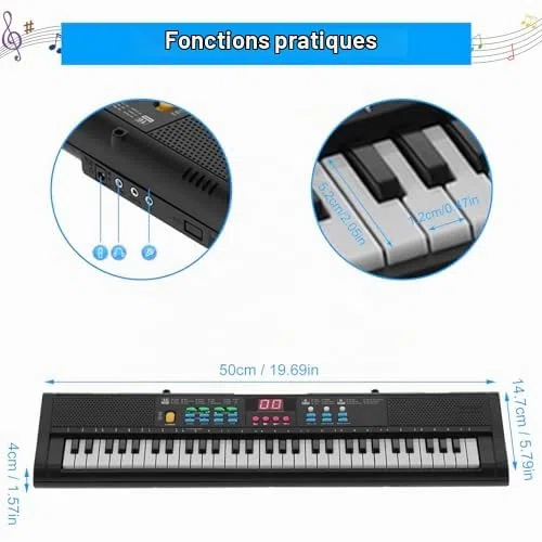 Piano Électronique 61 Touches pour Enfants - Clavier Musical avec Microphone Karaoké, Haut-Parleurs, USB et Effets Sonores - Instrument Idéal Débutants (Noir)