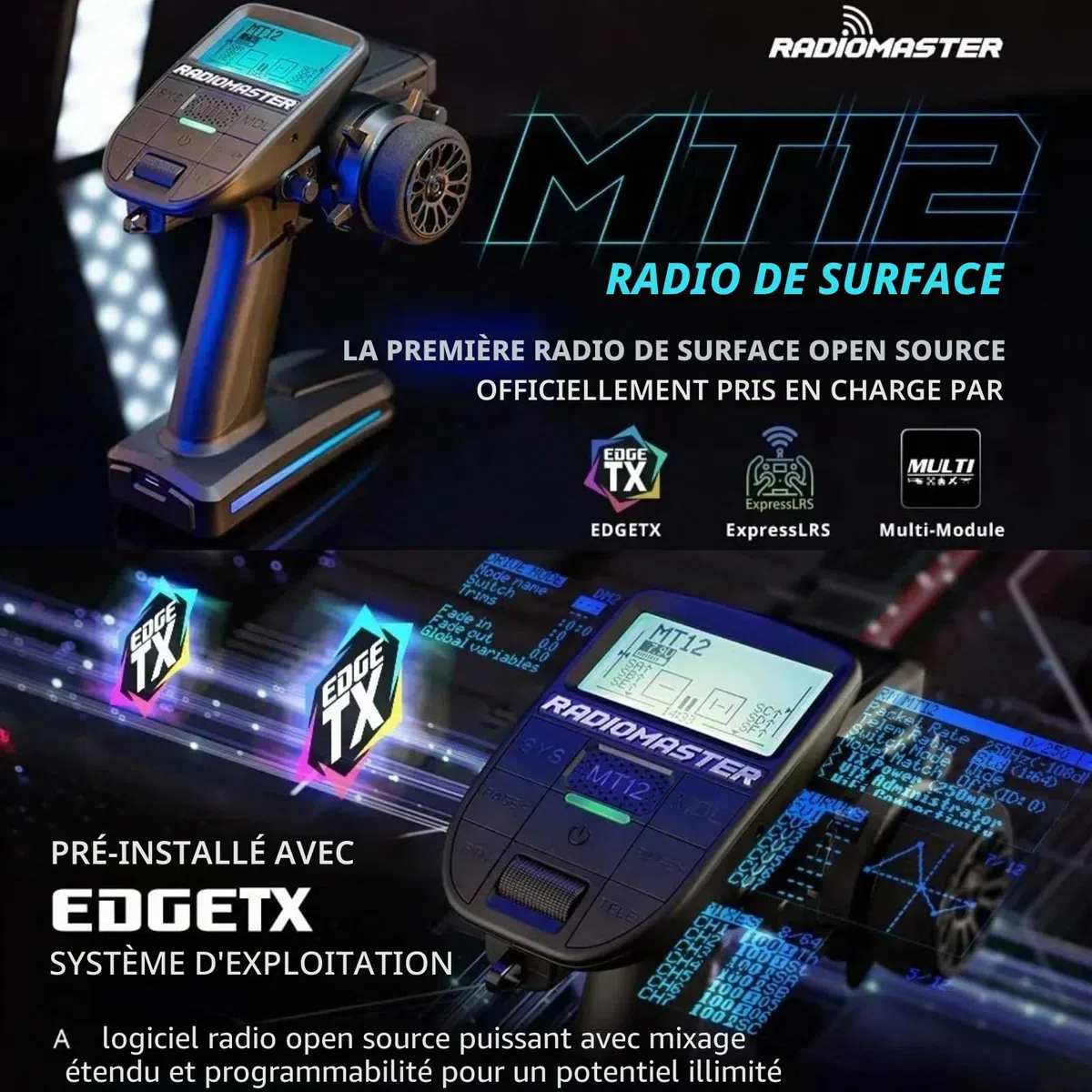 HTLNUZD Radiomaster MT12 Edgetx Contrôleur radio open-source | Multi-protocole 2,4 G 4 en 1 | Pour voitures, bateaux et véhicules de surface | Version améliorée
