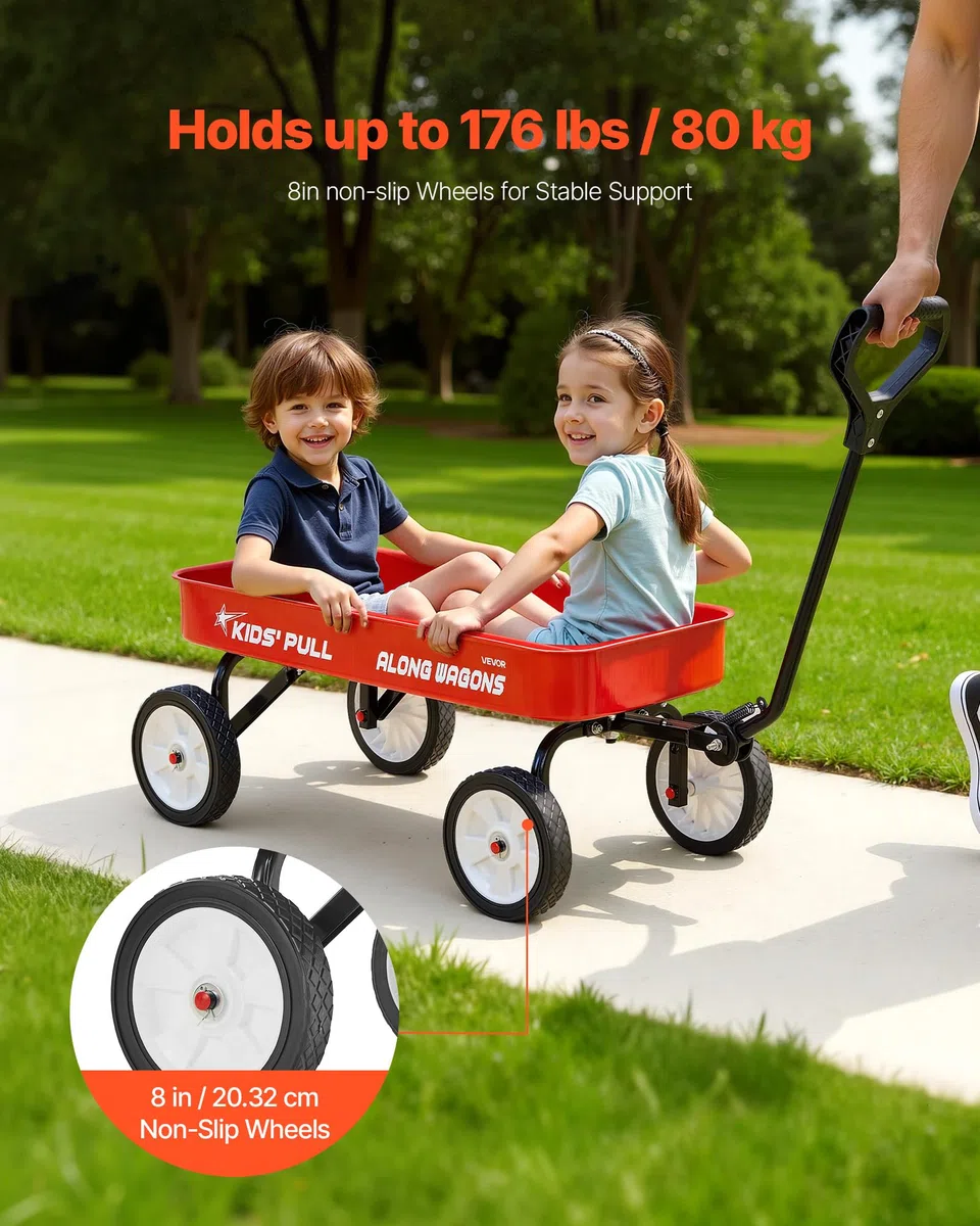 VEVOR Chariot à Tirer Enfants 101 cm Chariot Tout-Terrain Tout-Petits Métal, Charge 80 kg, pour Cadeau d'anniversaire Enfants, Jardinage, Plage, Camping, Aventures en Plein Air, avec Poignée, Rouge