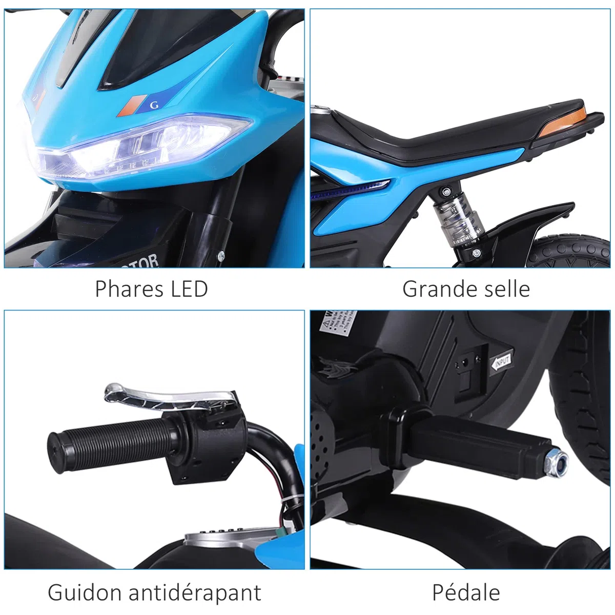 HOMCOM Moto Électrique pour Enfants 3-6 Ans 25 W 6 V 3 Km/h Bleu | Effets Lumineux, Effets Sonores, Roulettes Amovibles, Charge max. 30 kg