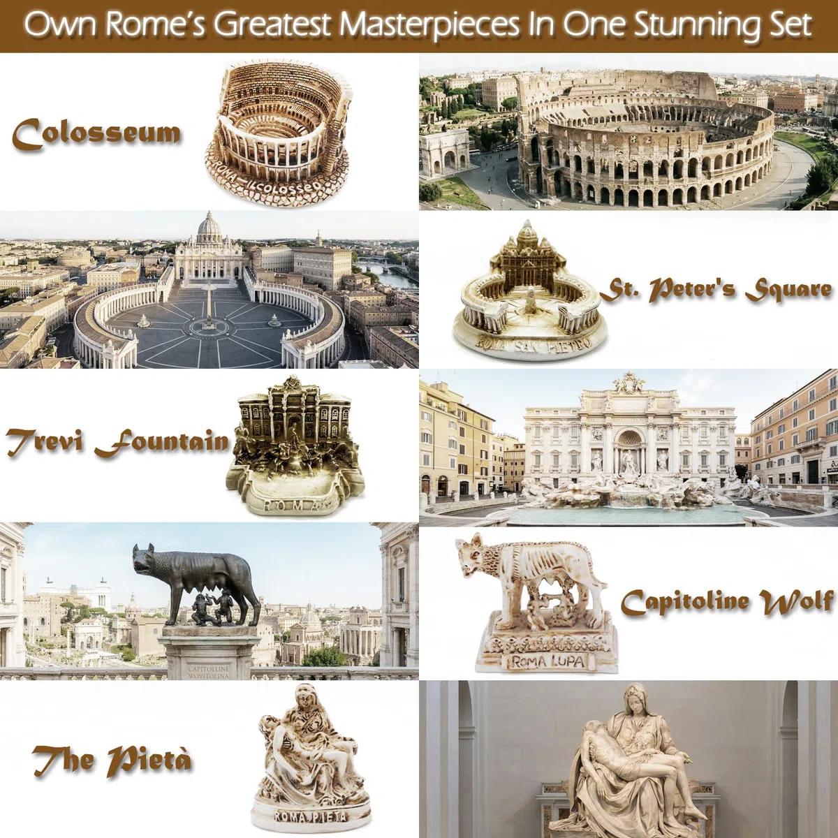 Lot de 5 petites statues italiennes décoratives de Rome - Petites statues - Colisée - Architecture du loup - Basilique Saint-Pierre - Fontaine de Trevi - Objets de collection romains - Cadeaux de