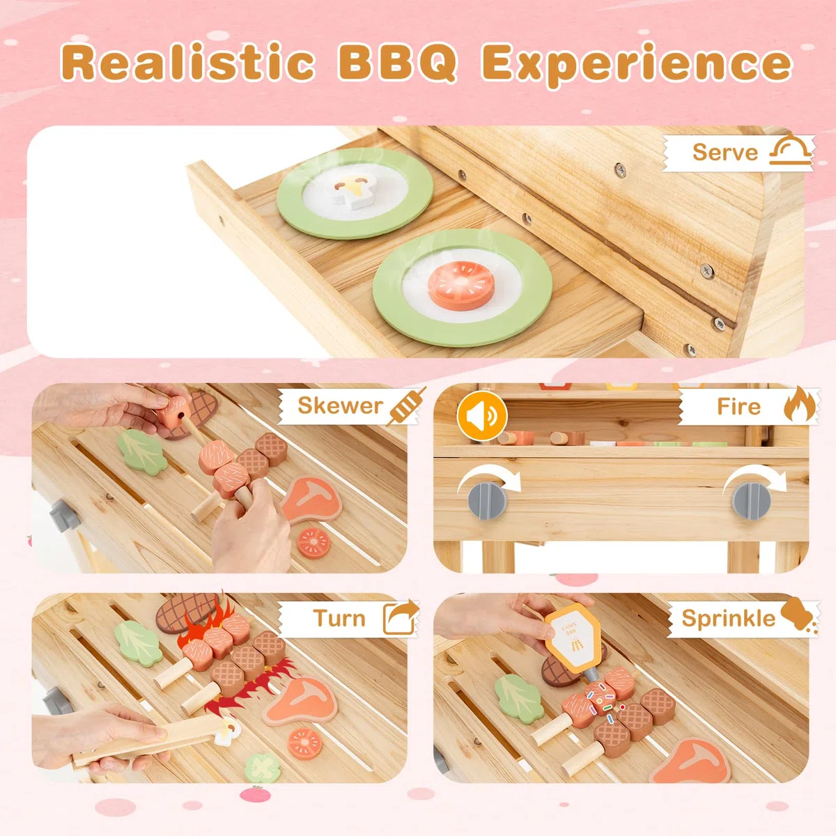 HOMASIS Cuisine de jouet d'extérieur pour barbecue avec ustensiles de barbecue et pots d'épices, ensemble d'imitation de cuisine pour enfants de 3 ans et plus, 53 x 36 x 63 cm, naturel