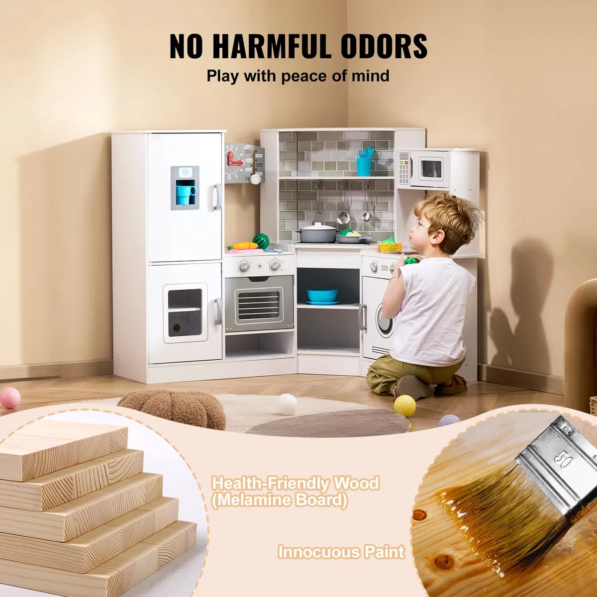 VEVOR Cuisine pour Enfants, Ensemble Cuisine d'angle en Bois, Lumières, Sons, Machine à Glaçons, Four, Évier, Horloge, Micro-Ondes, Réfrigérateur, pour Tout-Petits, Enfants d'Âge Préscolaire, Blanc