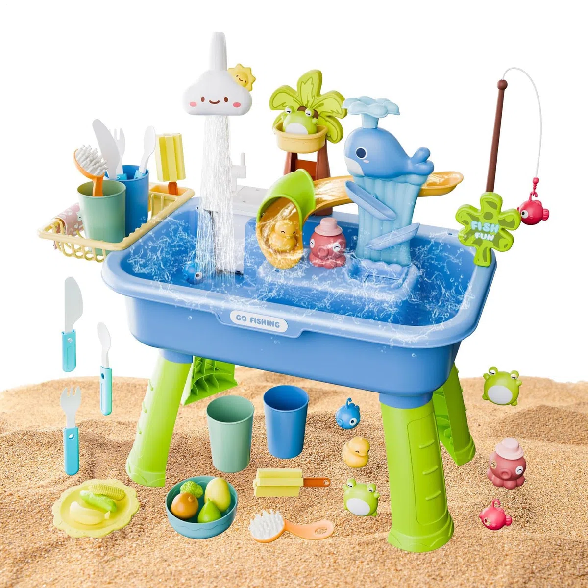 Générique Tables d'eau d'extérieur pour | Jeu de pêche - 4 en 1 évier Enfant avec Eau Courante et Pompe | pour de 4-8 Ans Cadeau Anniversaire été extérieur