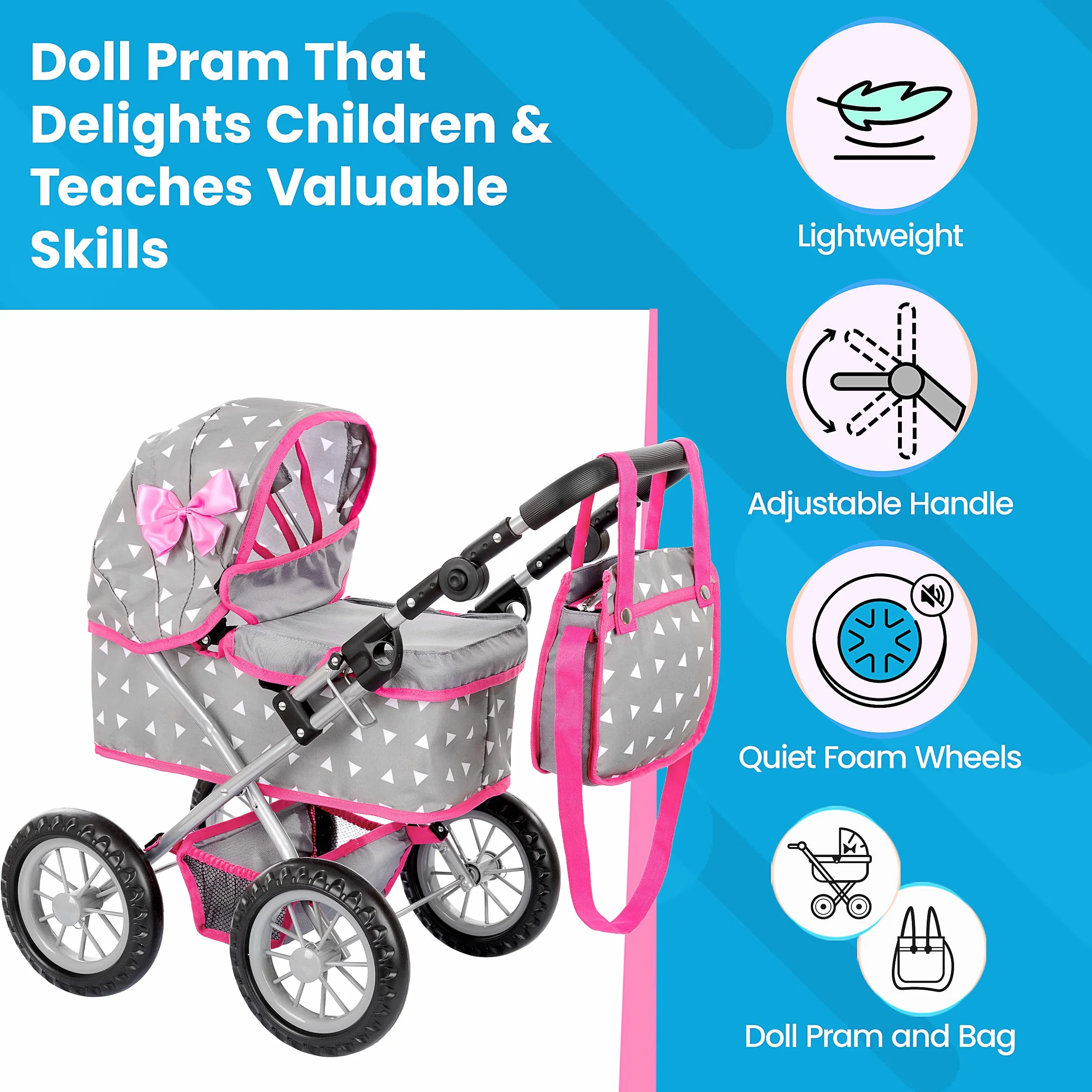 Kinderplay Poussette Poupee, Poussette Jouet - Poussette Landeau Bebe pour Poupée, Gondola, Poignée Hauteur Entre 33 et 63 cm, Ce Landau Est Plus Facile à Pousser pour Les Enfants (KP0261S)