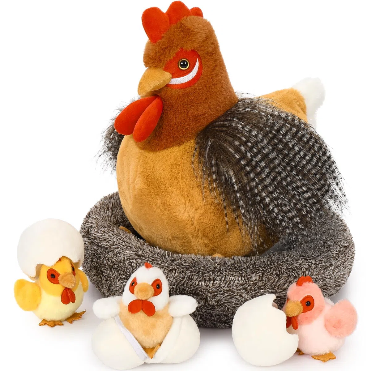 MorisMos Poule en Peluche avec 3 Poussins 35cm, Peluche Poule Maman et Bébés, Jouet en Peluche Douce, Animaux de la Ferme en Peluche, Cadeau Enfant, Cadeau Naissance, Décoration Chambre