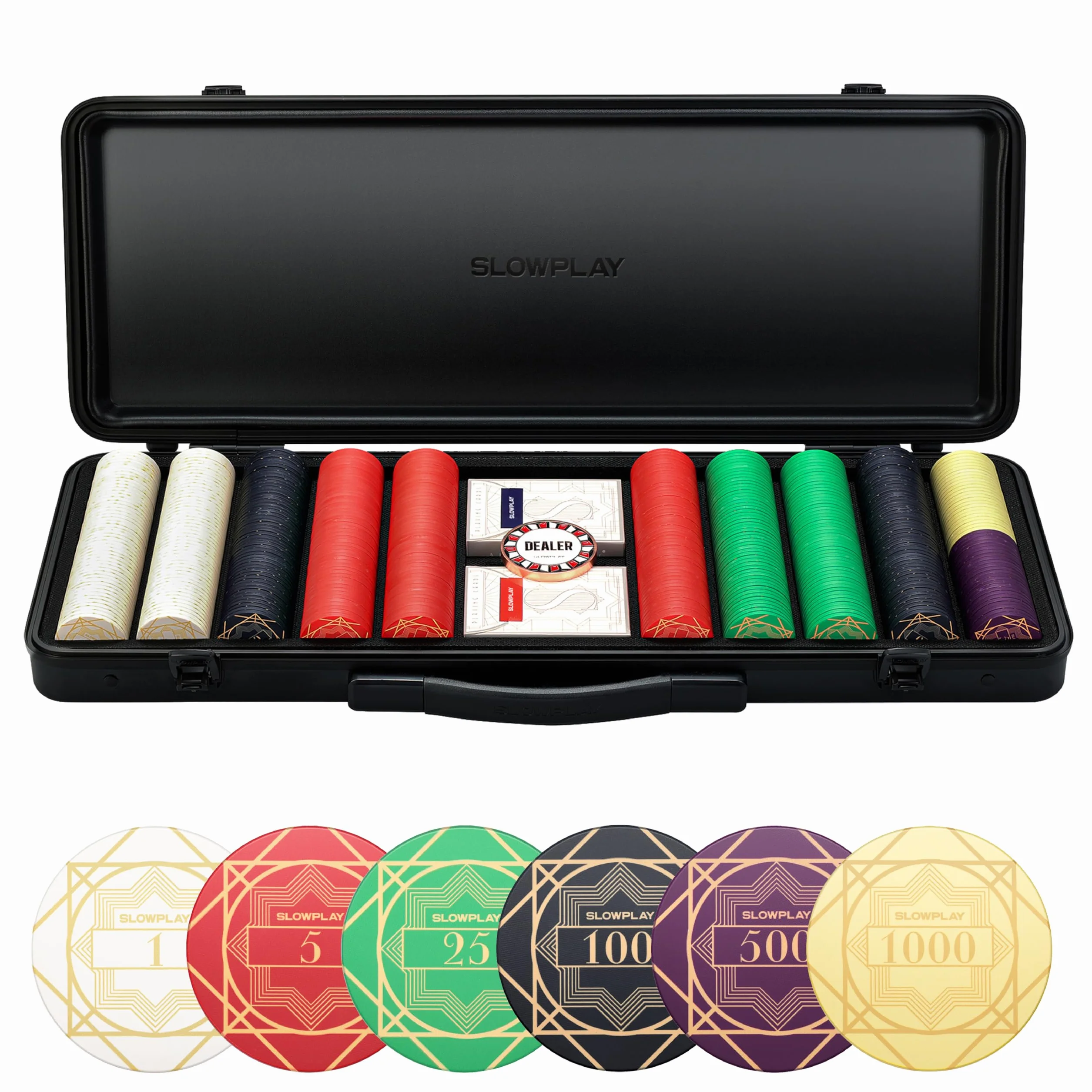 SLOWPLAY Set Poker céramique Nash, jetons 10 g/39 mm, Texas Hold’em | 500 pièces numérotées; mallette premium PC; jetons composite céramique; Art déco