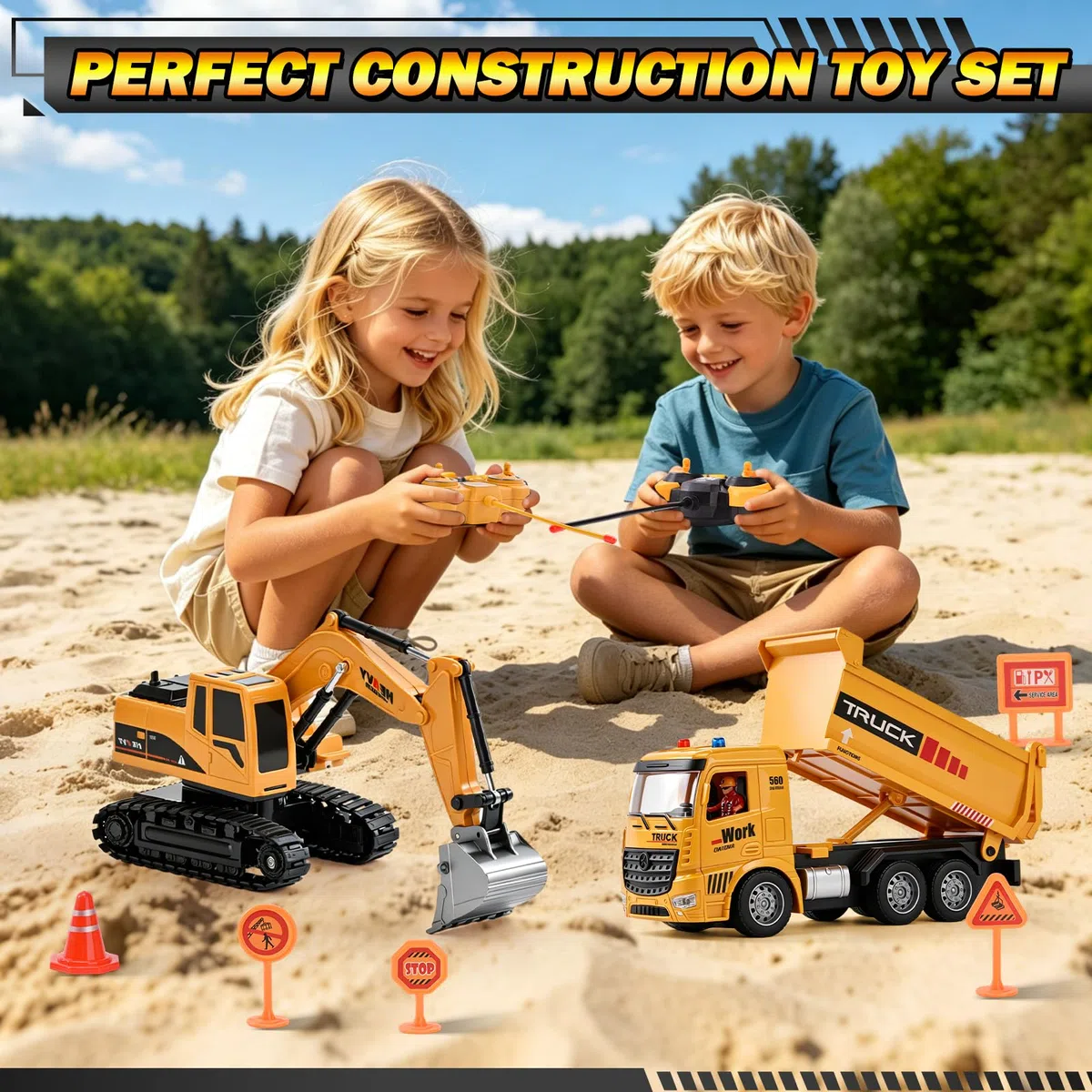 Camion-Benne Télécommandé,Véhicule de Construction RC avec Pelleteuse TélécommandéJouet Construction avec Lumières et Sons,Cadeau de Noël et d'anniversaire pour Garçon de 3 4 5 6 7 8 Ans (A)