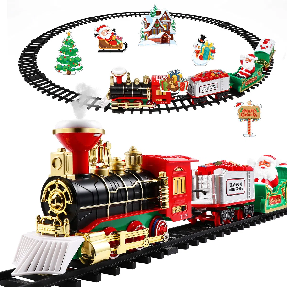 TOYANDONA Ensemble de train de Noël, locomotive à piles, chemin de fer électrique avec lumières et sons pour sous le sapin,