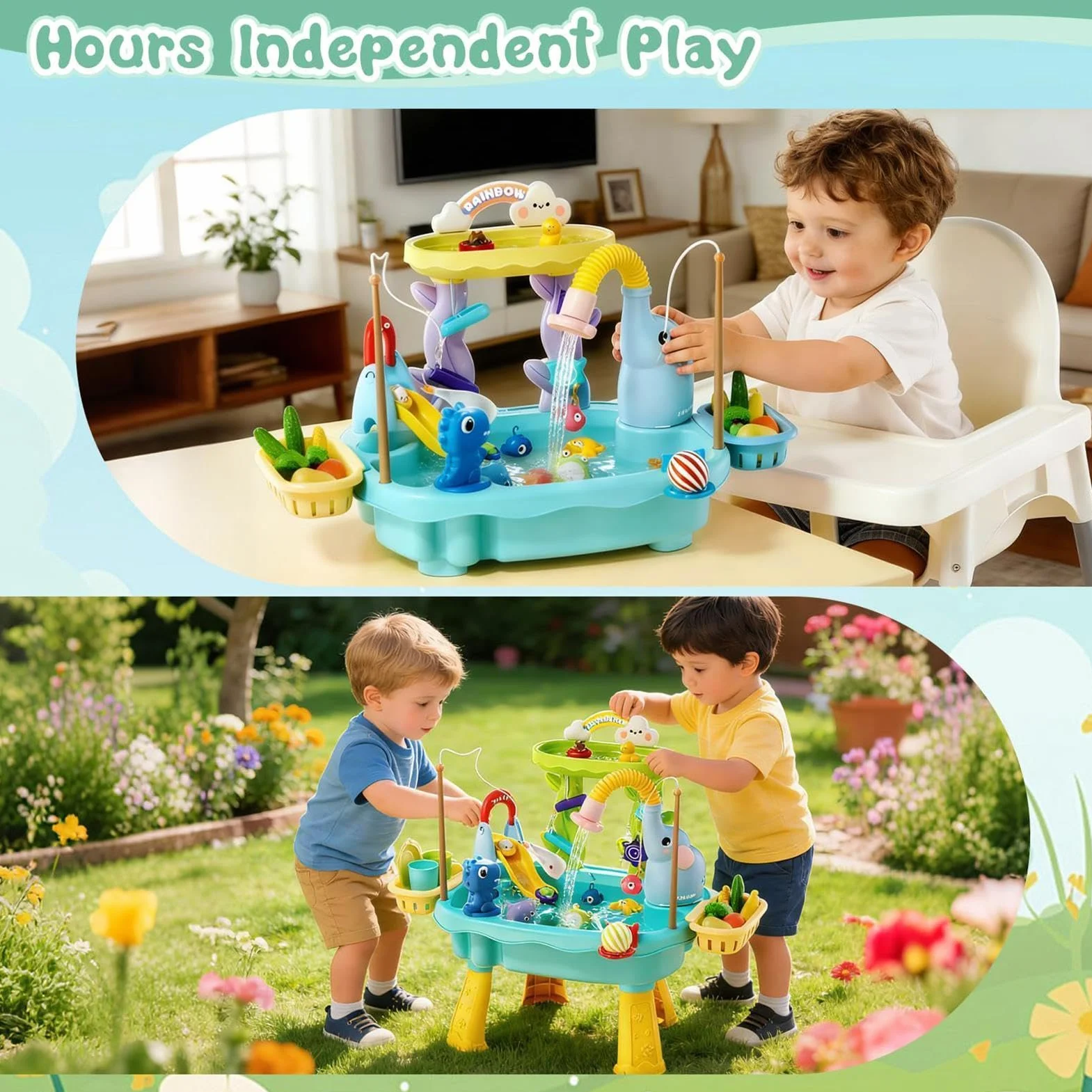 Table d'Eau Enfant Électrique avec Pompe, 4 en 1 Évier Jouet avec Eau Courante, Table d'Activité Sable et Eau avec Jeu de Pêche et Accessoires, Jouet Extérieur pour Fille Garçon 1-8 Ans, 60x43x48cm