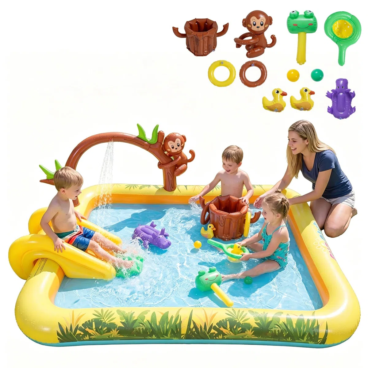 HOMASIS Piscine Enfant Gonflable avec Toboggan Requin et Jet d'eau, Aire de Jeux Aquatique Gonflable, Pataugeoire Bébé pour 2-6 Ans (207x168x77cm)